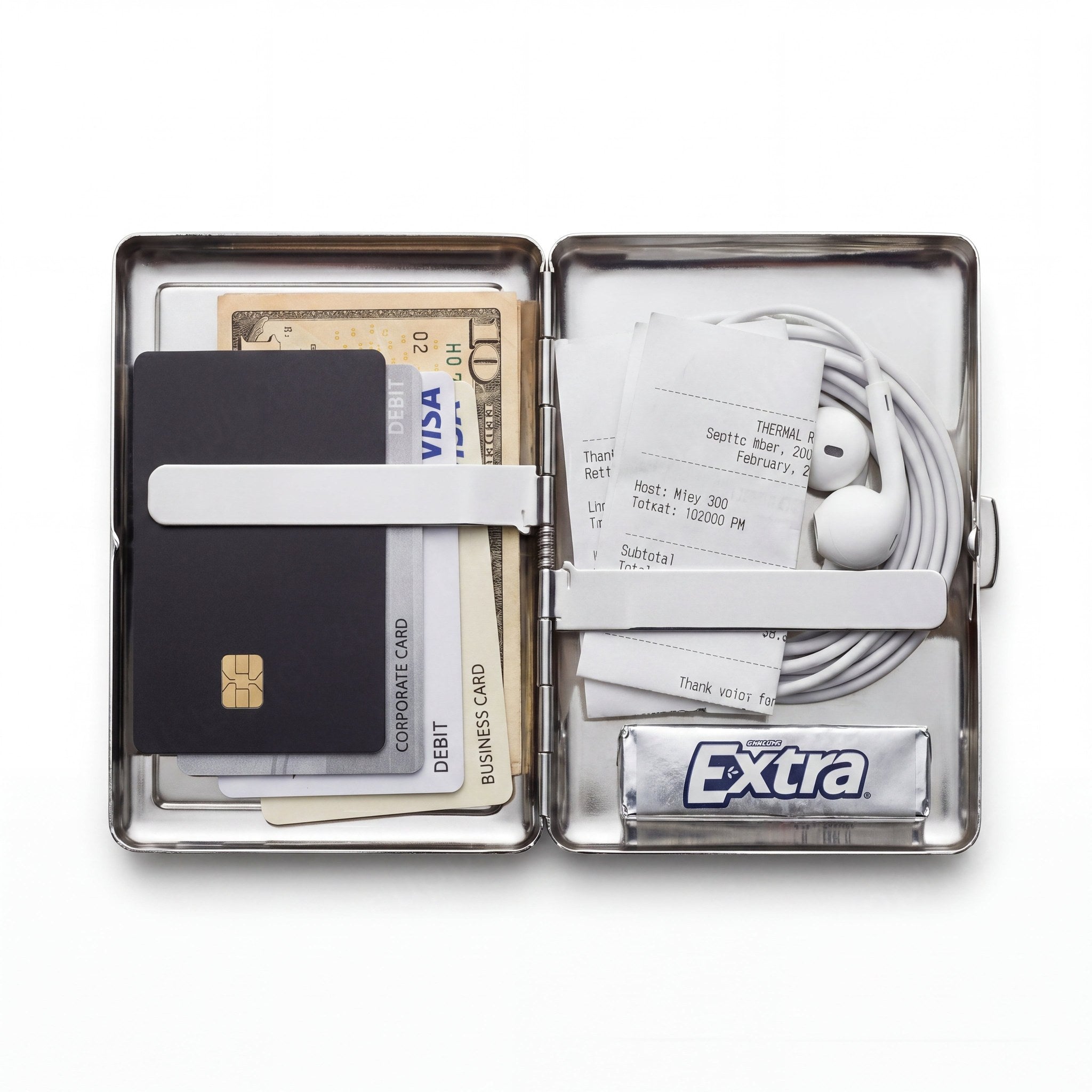 Trinket tin cardholder wallet open showing cards, cash, and everyday carry essentials