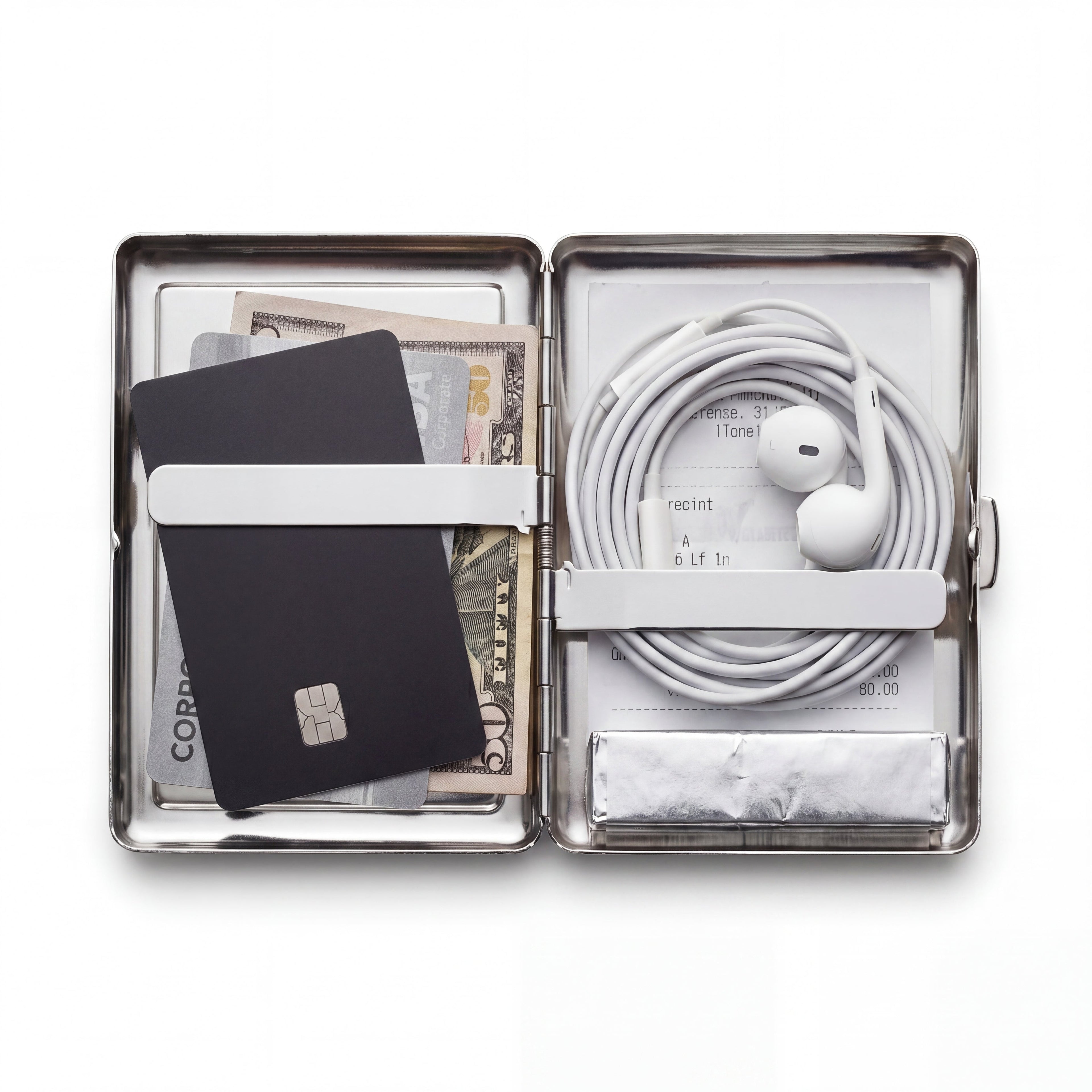 Trinket tin cardholder wallet open showing cards, cash, and everyday carry essentials