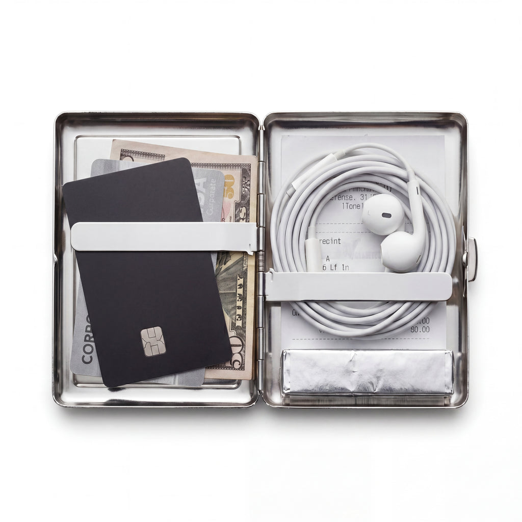 Trinket tin cardholder wallet open with weekend essentials inside