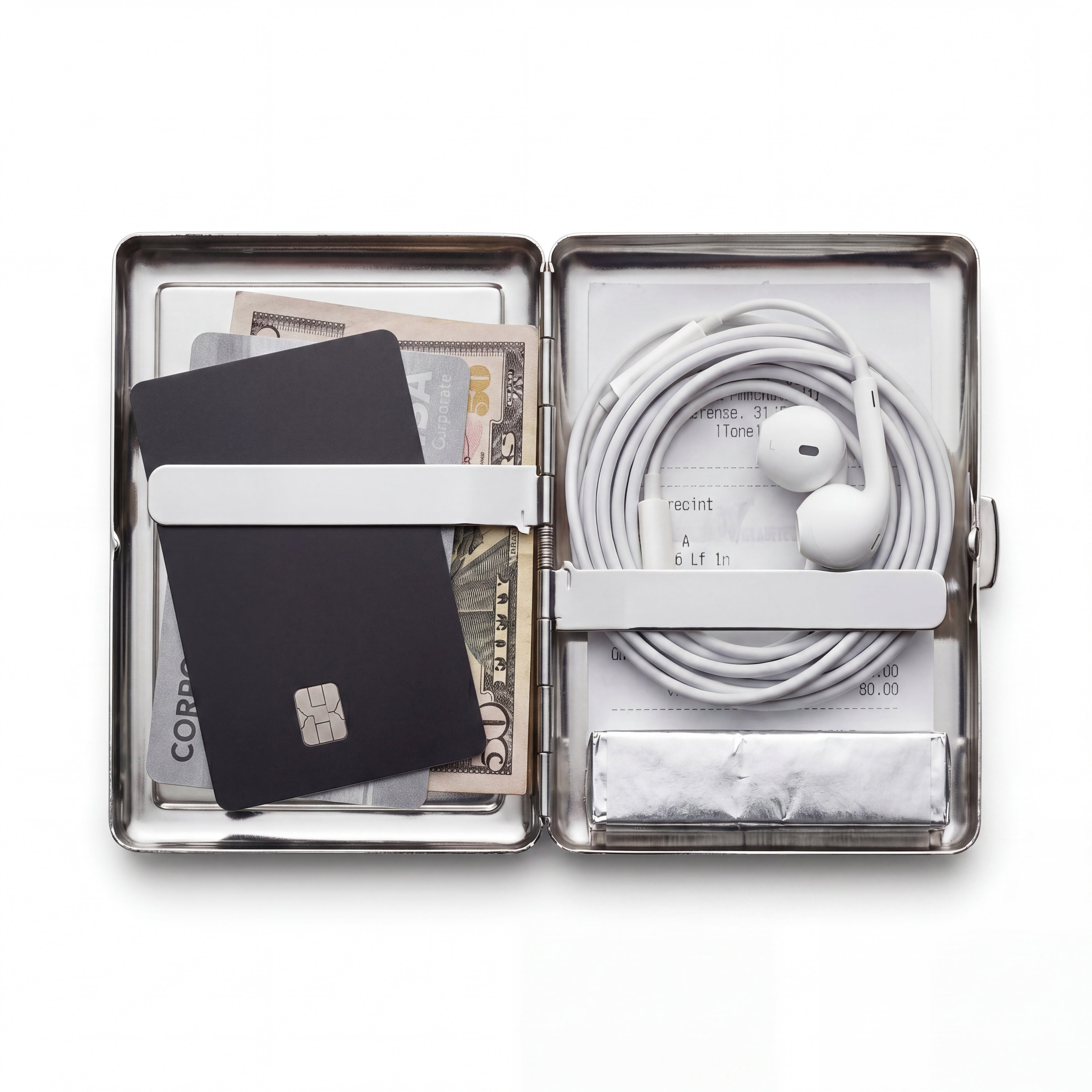 Trinket tin cardholder wallet open with weekend essentials inside