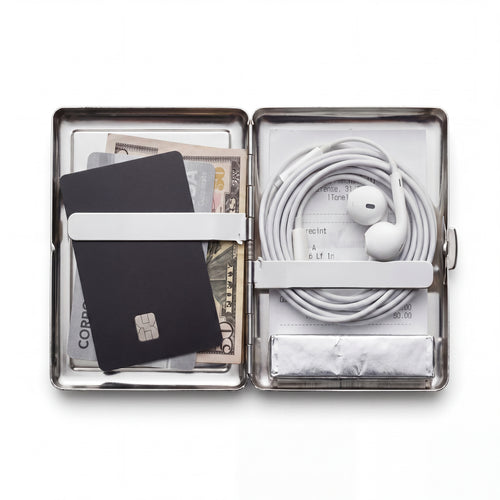 Trinket tin cardholder wallet open with weekend essentials inside