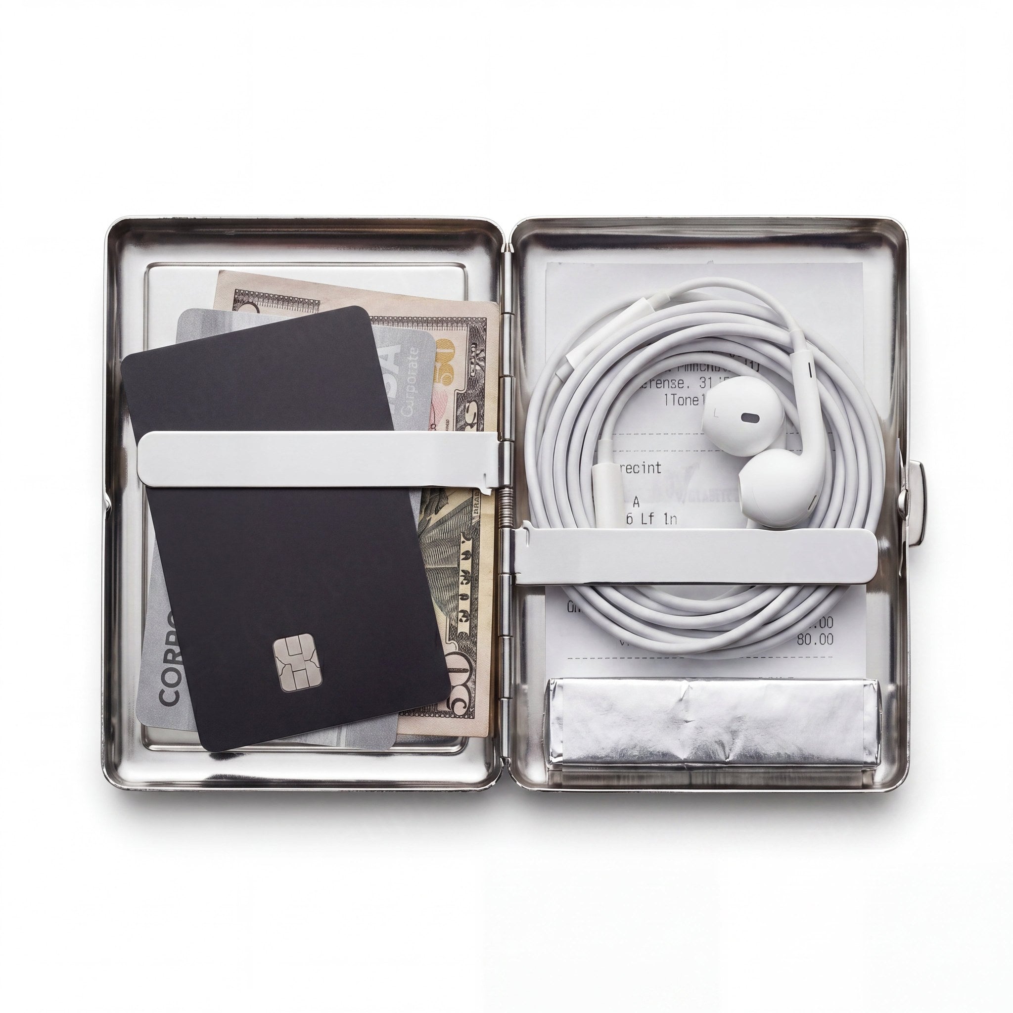Trinket tin cardholder wallet open showing cards, cash, and everyday carry essentials
