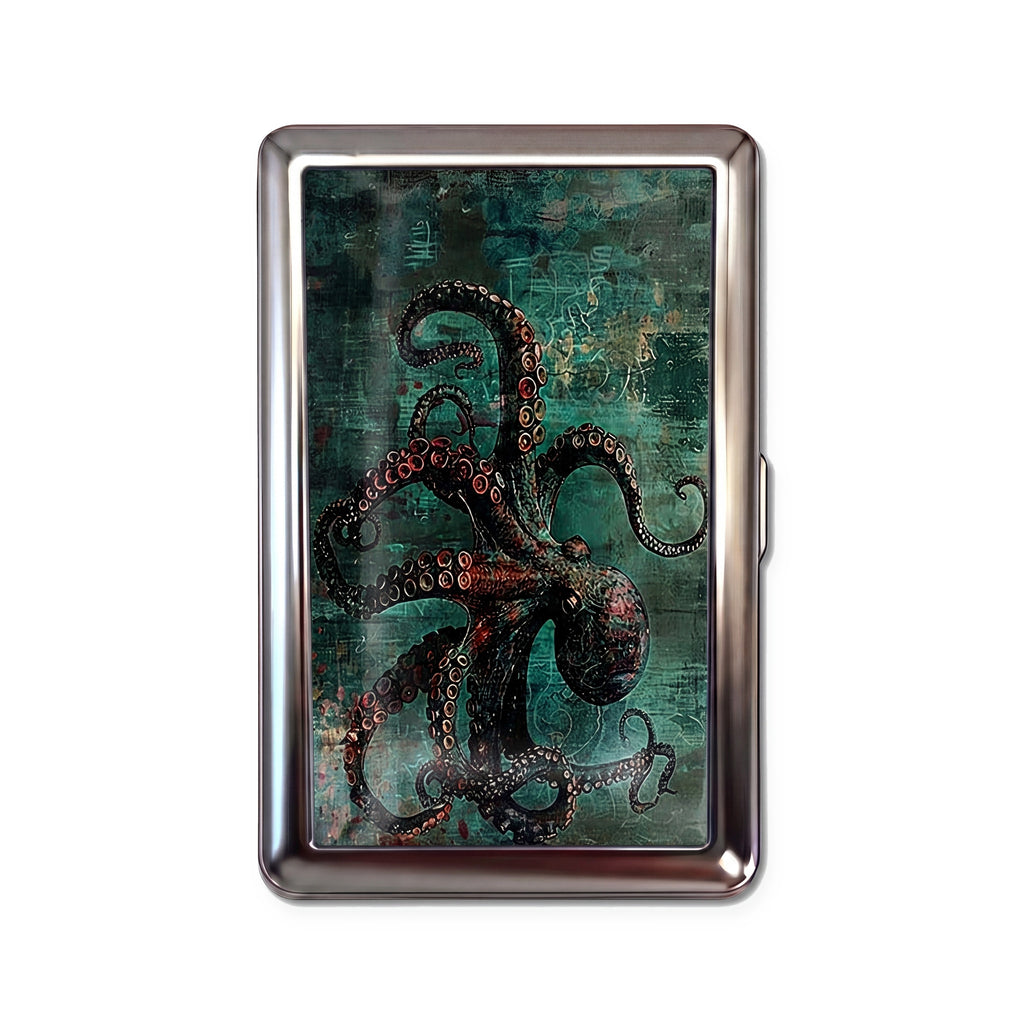 Kraken tin cardholder wallet with vintage octopus on weathered teal background design
