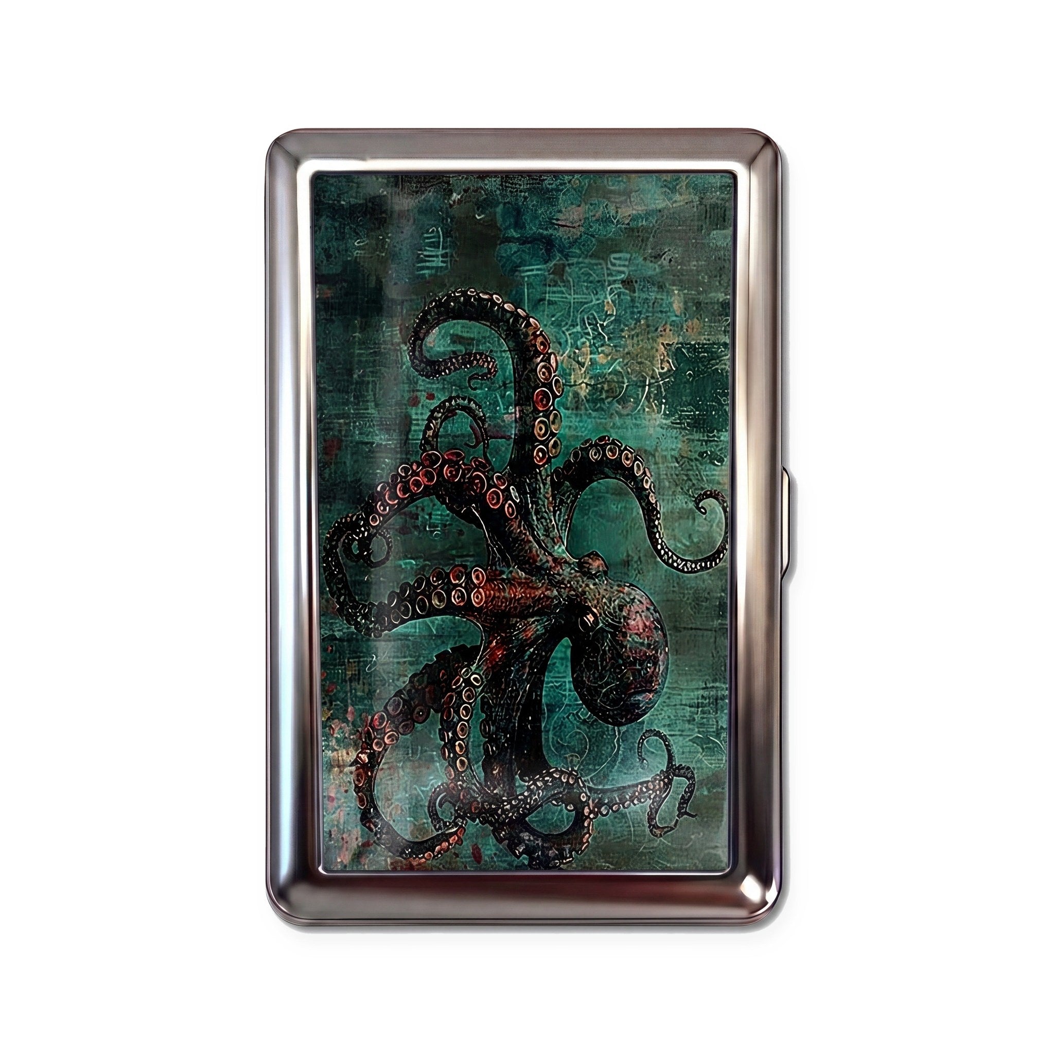 Kraken tin cardholder wallet with vintage octopus on weathered teal background design