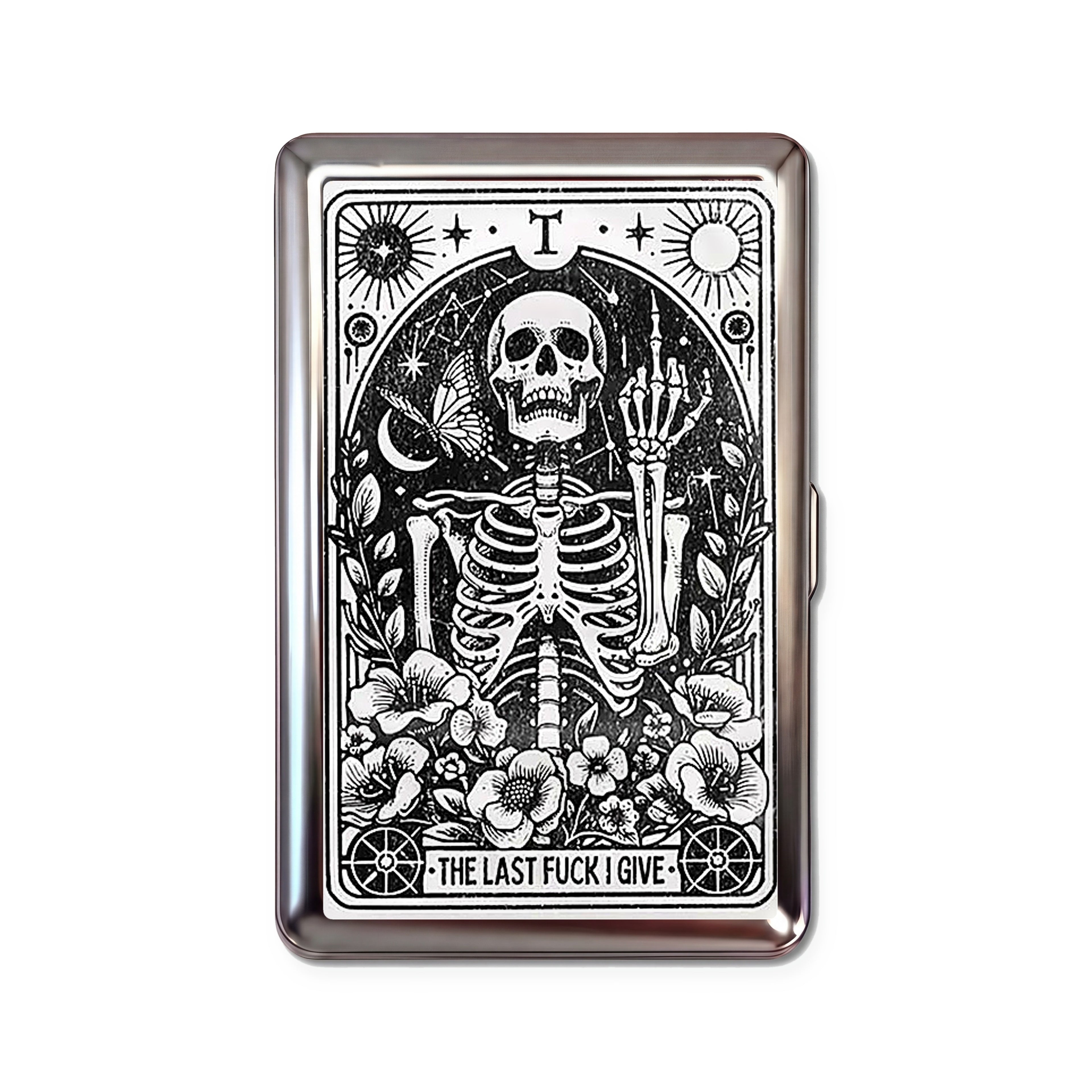 Last F*ck Tarot tin cardholder wallet with skeleton tarot card flipping the bird design