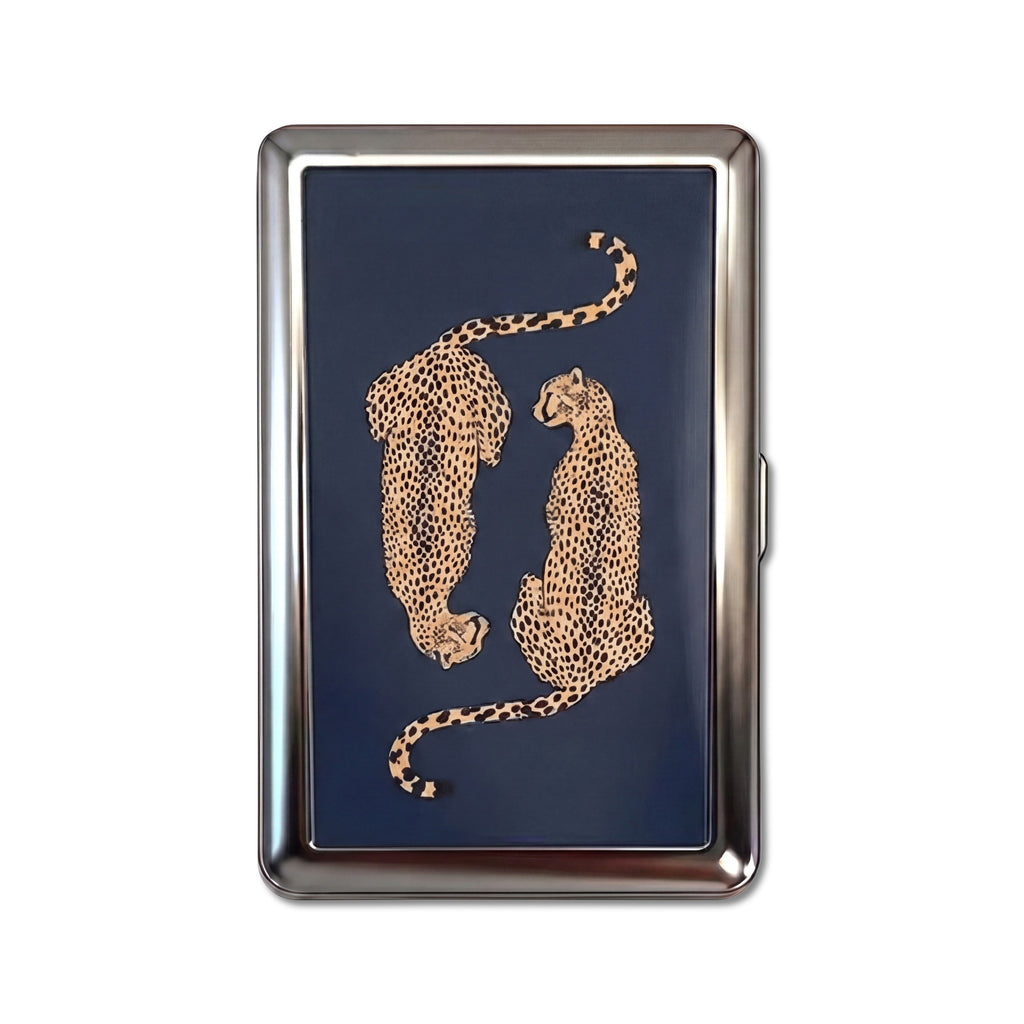 Leopard Lovers tin cardholder wallet with two leopards on navy blue background