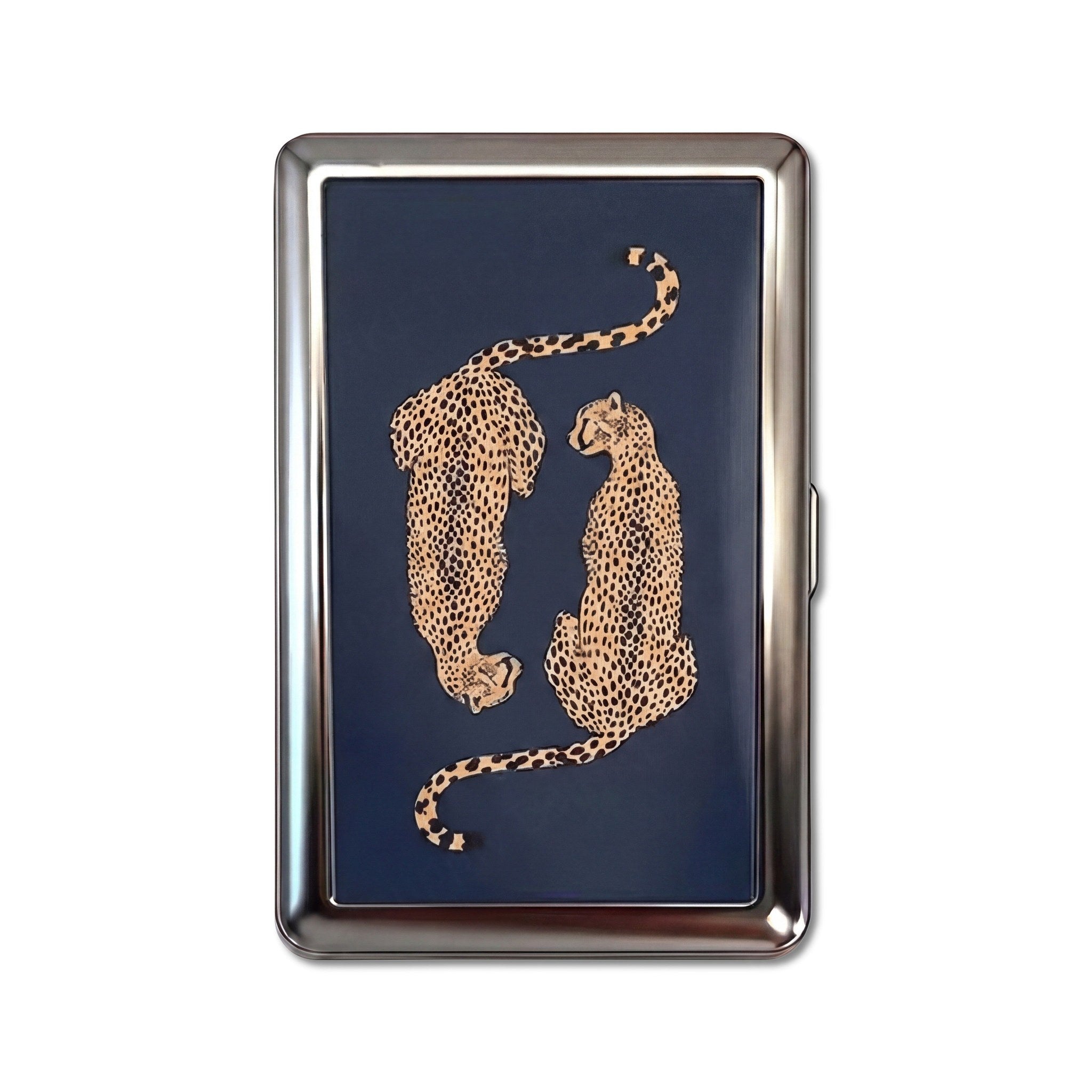 Leopard Lovers tin cardholder wallet, large size, two leopards on navy blue background #Size_Large