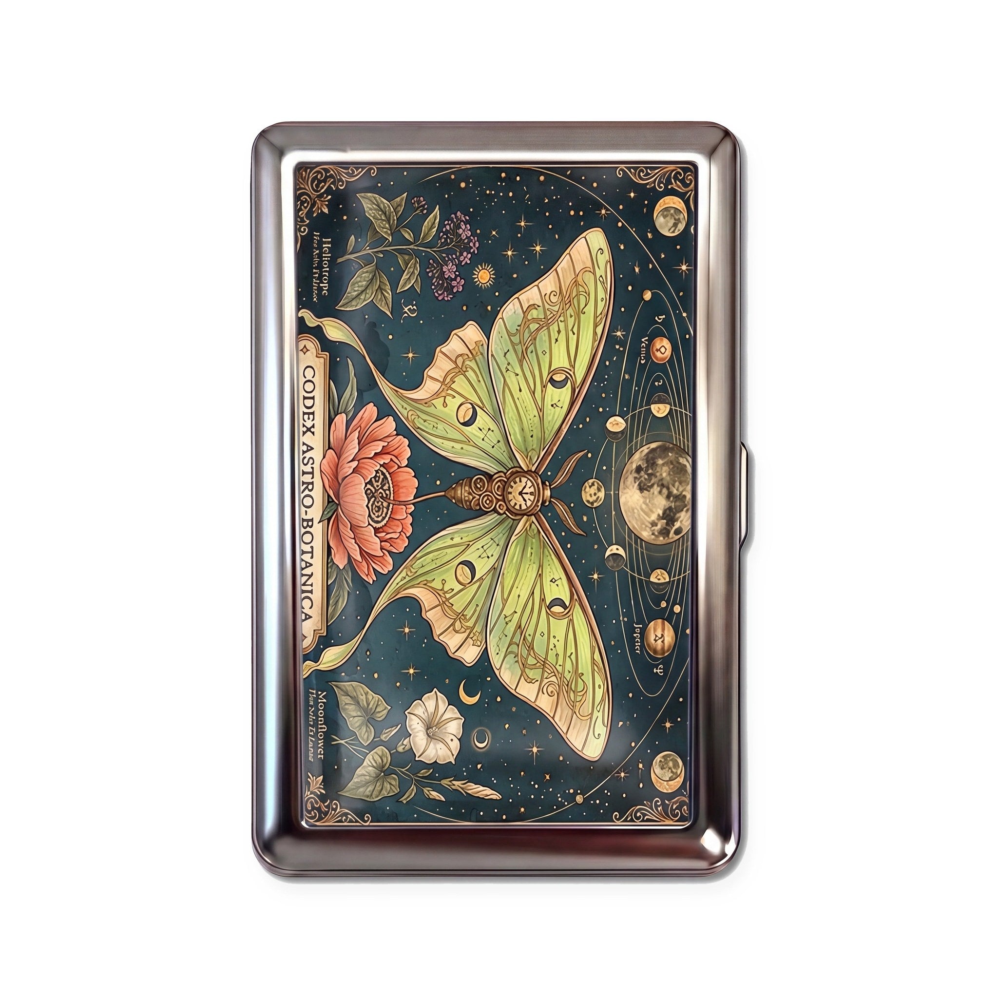 Luna Codex tin cardholder wallet with celestial luna moth botanical star chart design