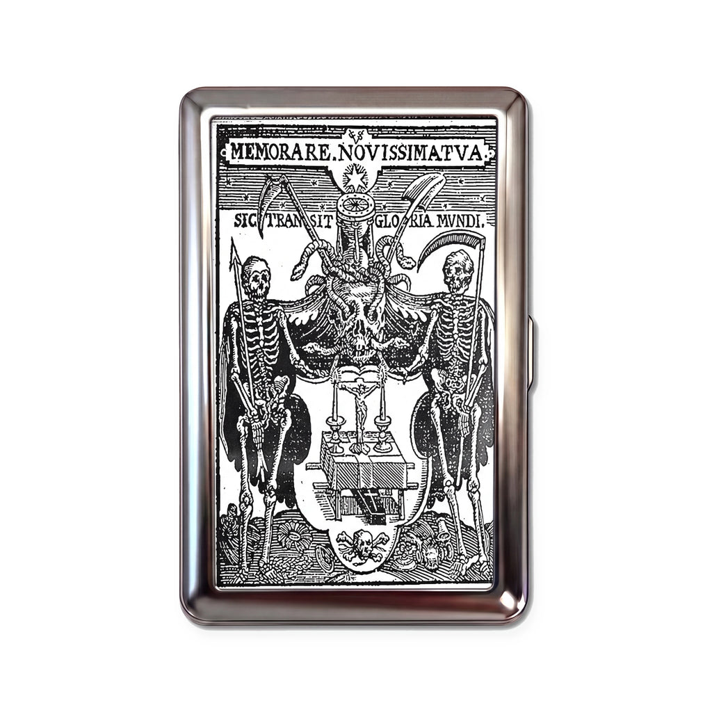 Memento Mori tin cardholder wallet with medieval woodcut skeletons and sic transit gloria mundi design