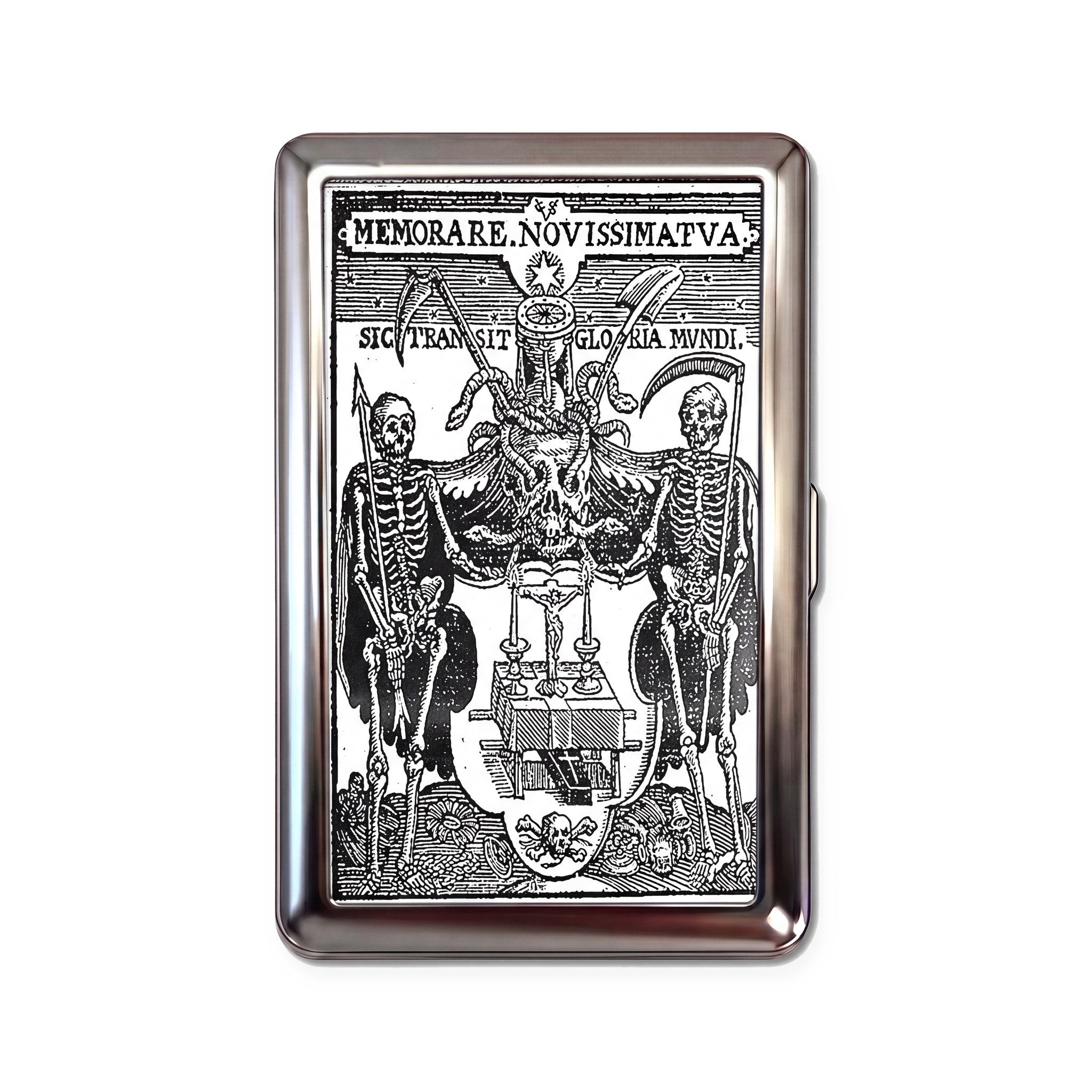 Memento Mori tin cardholder wallet with medieval woodcut skeletons and sic transit gloria mundi design