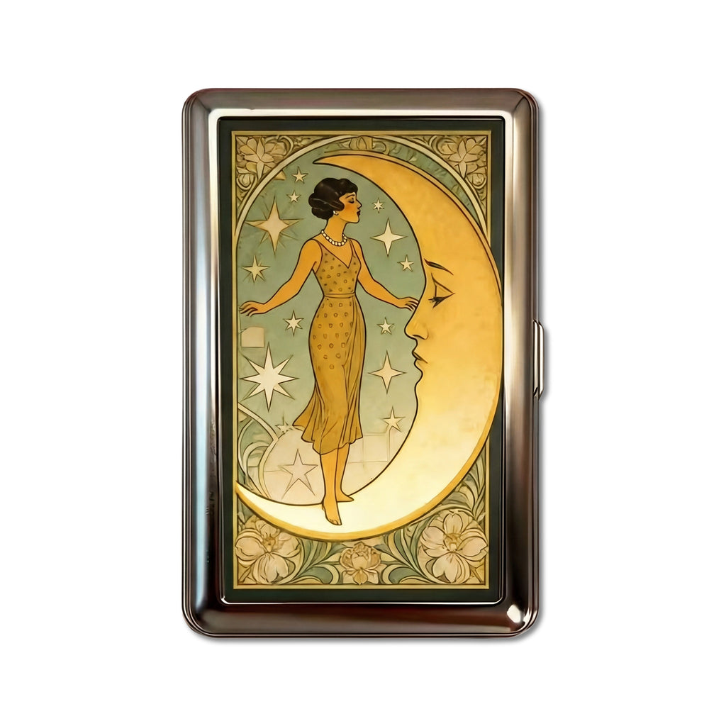 Moonwalker tin cardholder wallet with Art Deco woman walking on crescent moon