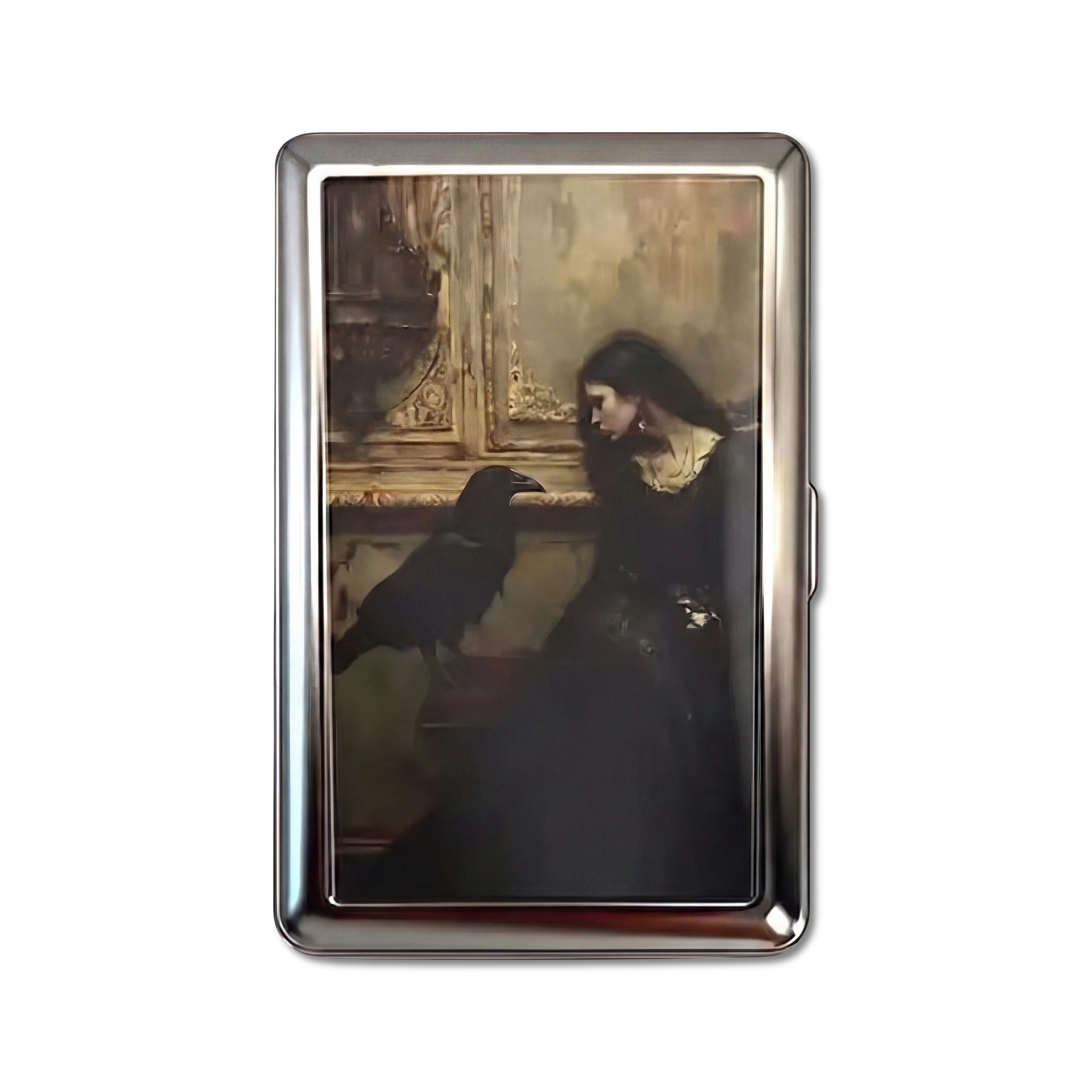 Nevermore tin cardholder wallet with gothic painting of woman and raven