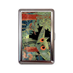 Night Owl tin cardholder wallet with folk art owl flying through forest woodblock design