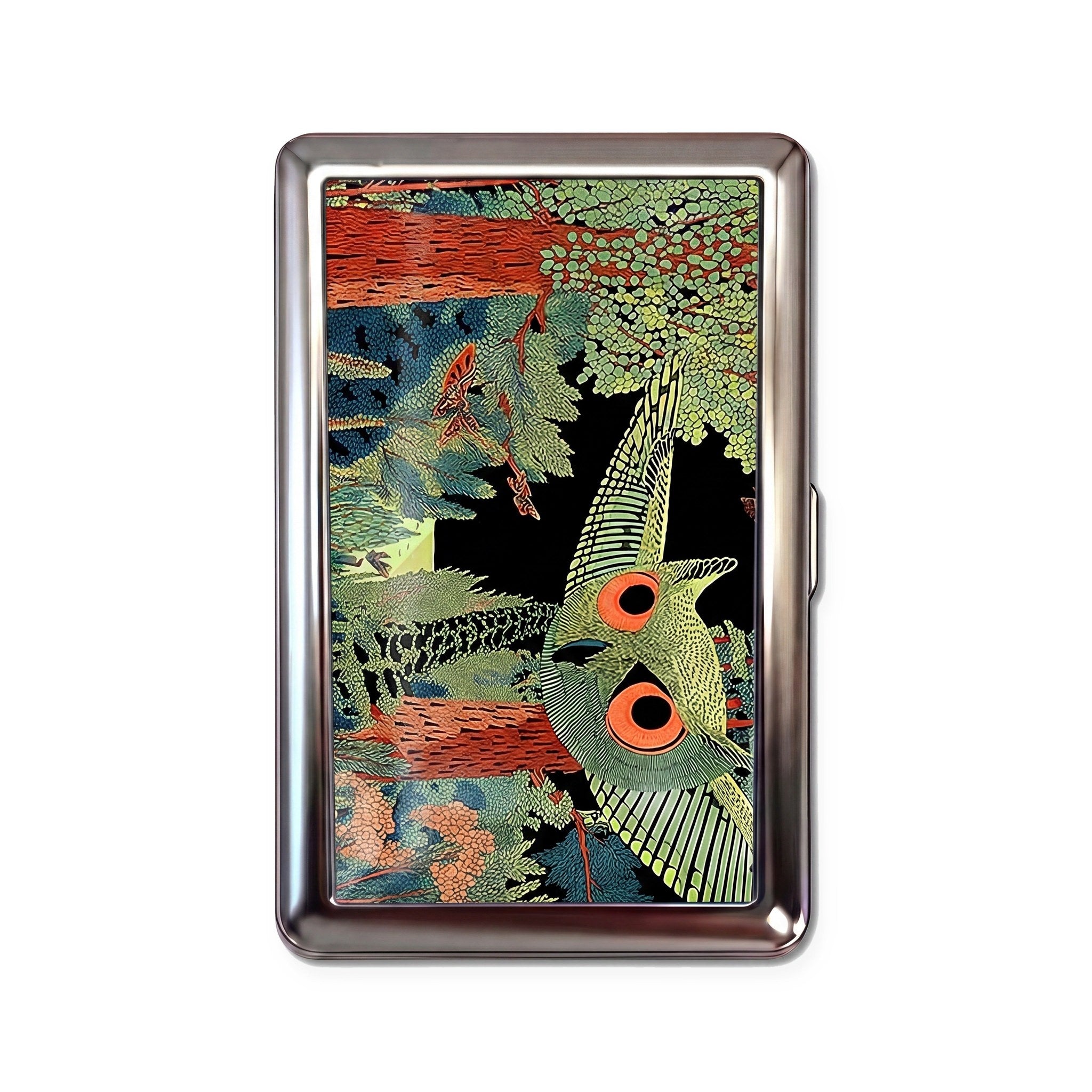 Night Owl tin cardholder wallet with folk art owl flying through forest woodblock design