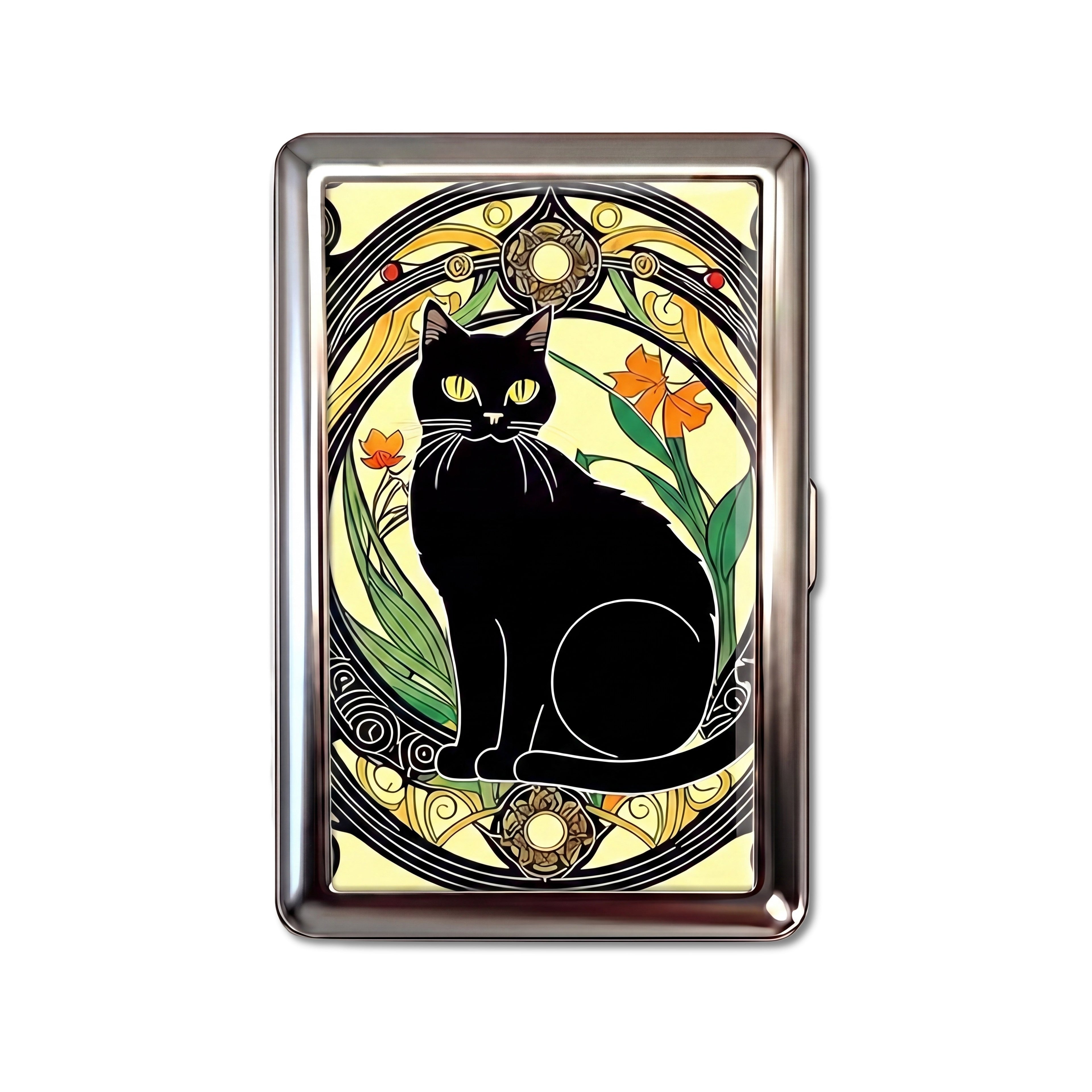 Nouveau Noir tin cardholder wallet with art nouveau stained glass style black cat