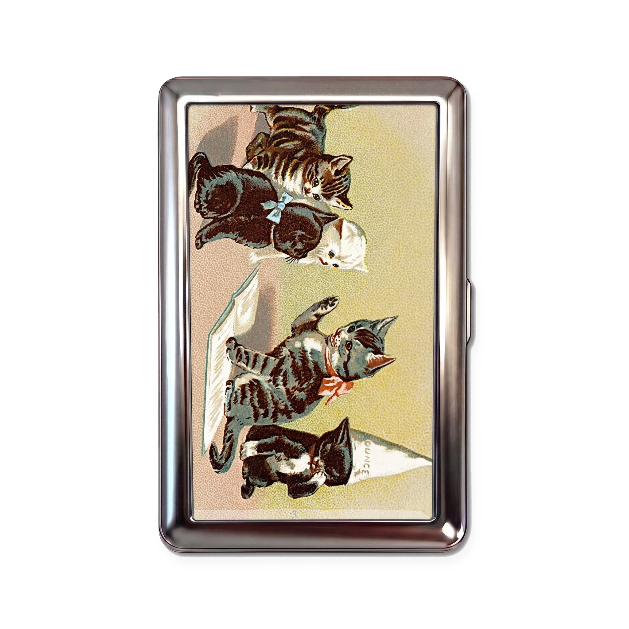 Parlor Kittens tin cardholder wallet with Victorian storybook kittens illustration design