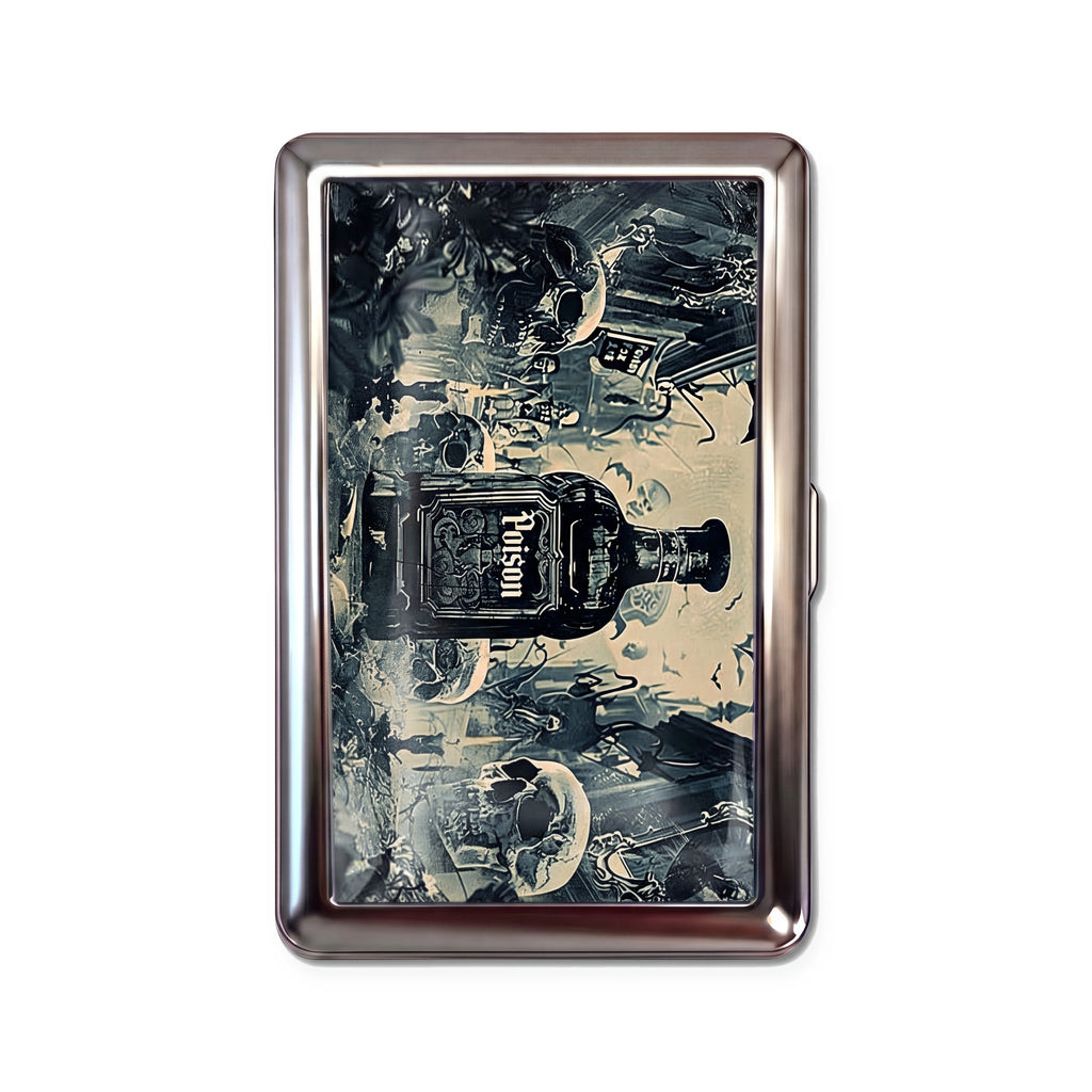 Pick Your Poison tin cardholder wallet with gothic poison bottle and skulls collage design