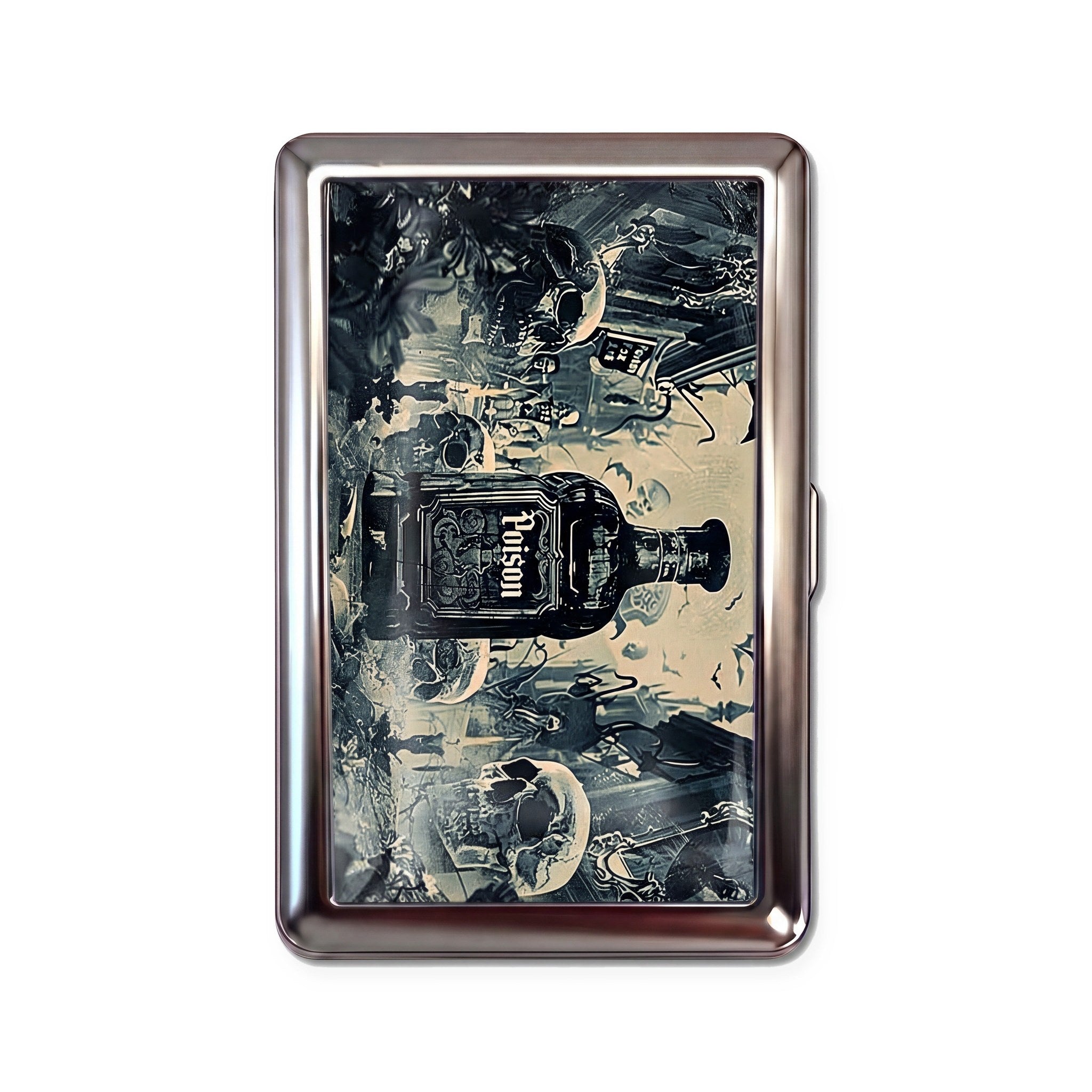Pick Your Poison tin cardholder wallet with gothic poison bottle and skulls collage design