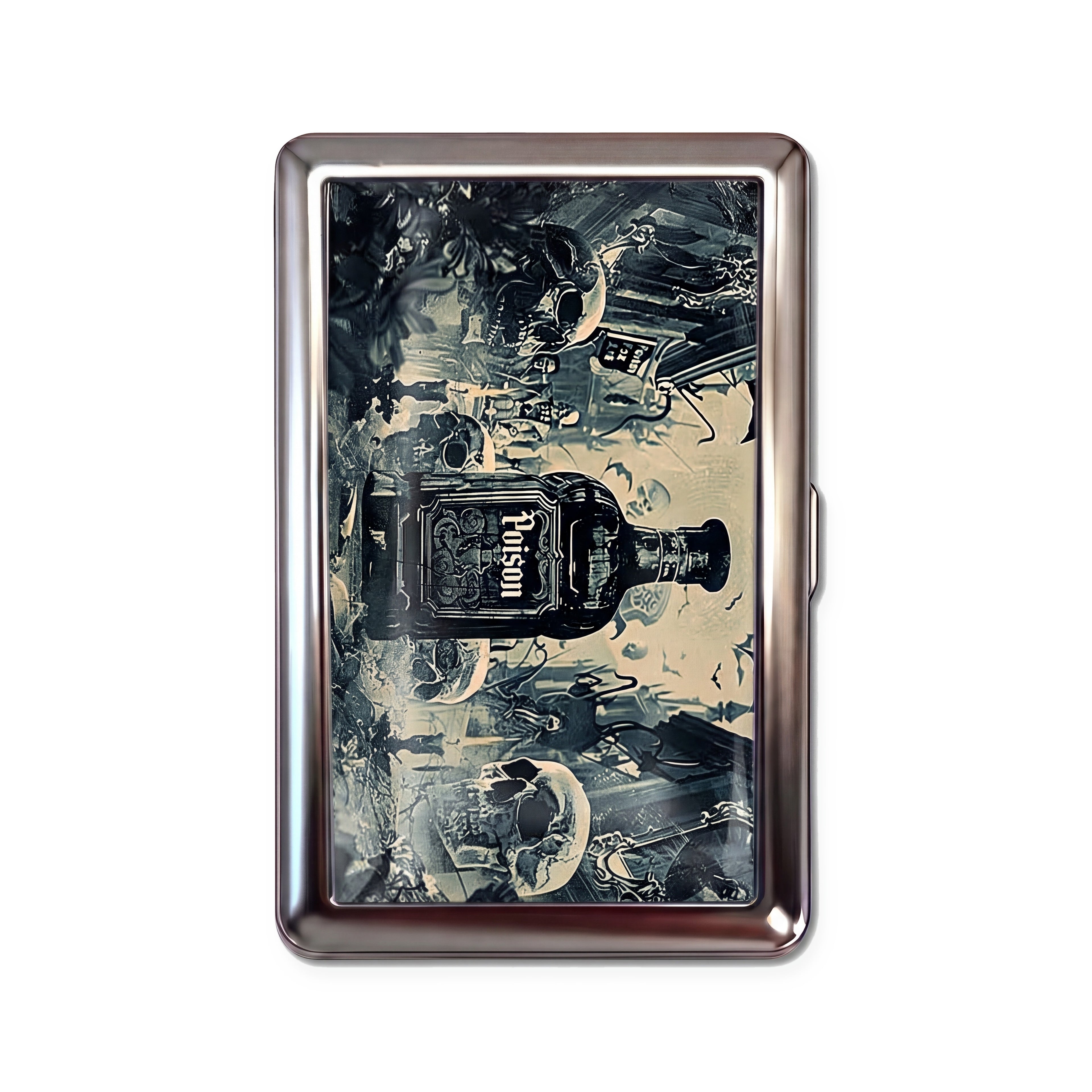 Pick Your Poison tin cardholder wallet with gothic poison bottle and skulls collage design