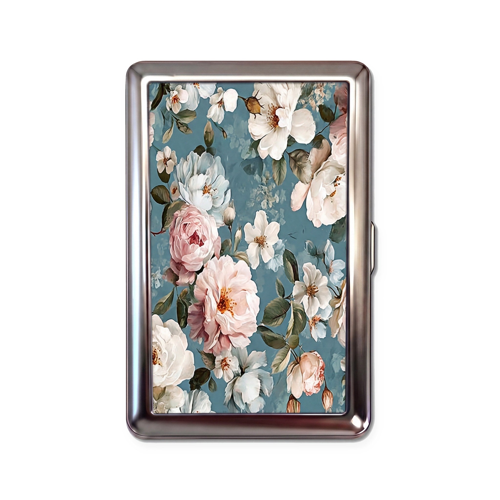 Porcelain Bloom tin cardholder wallet with painted pink roses and white blossoms on dusty blue design