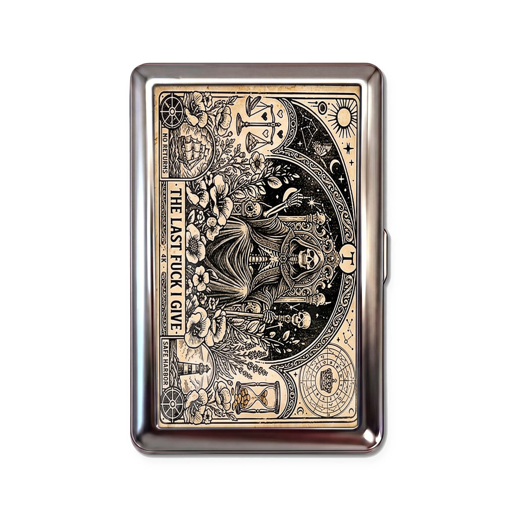 Reaper's Throne tin cardholder wallet with ornate reaper tarot card on aged parchment design