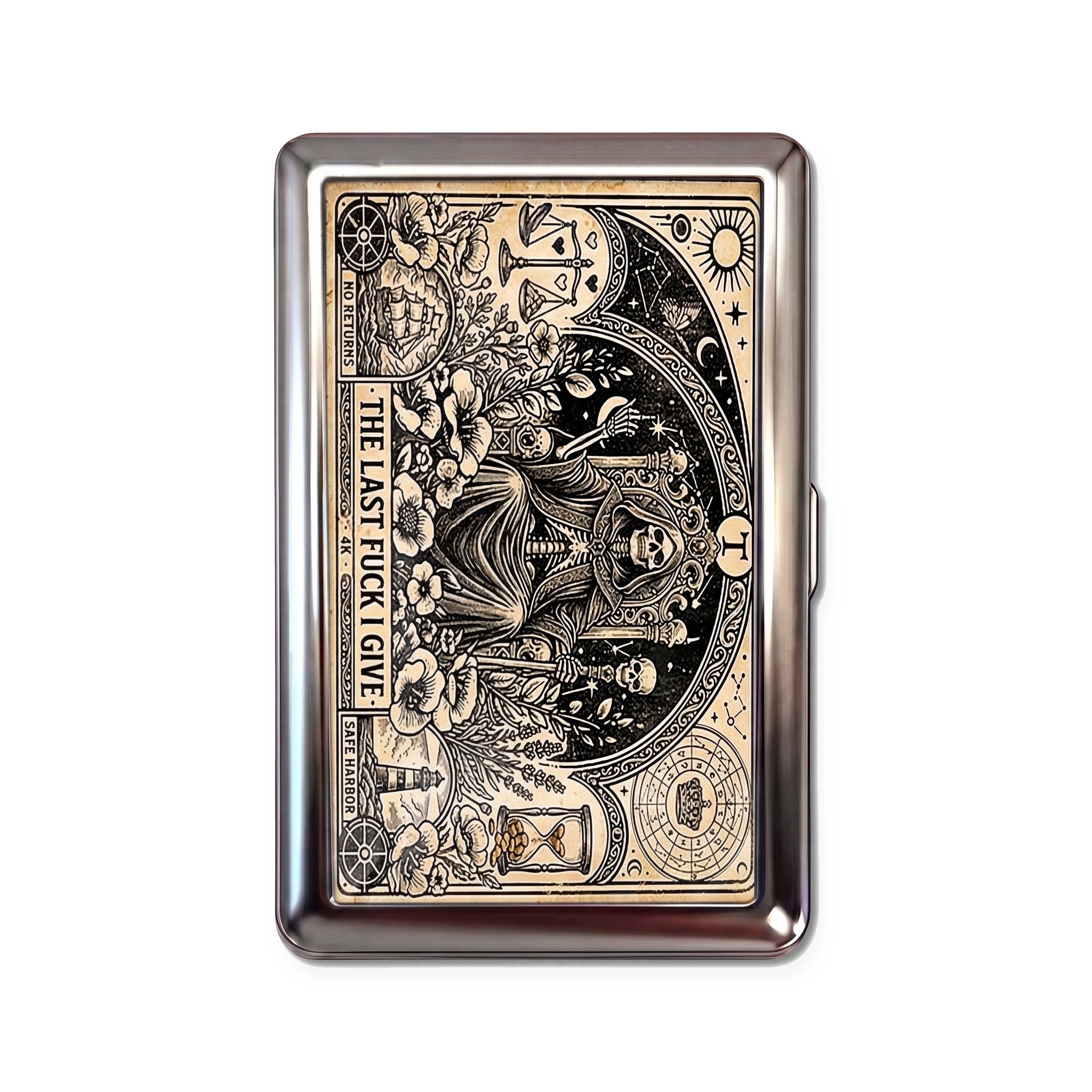 Reaper's Throne tin cardholder wallet with ornate reaper tarot card on aged parchment design