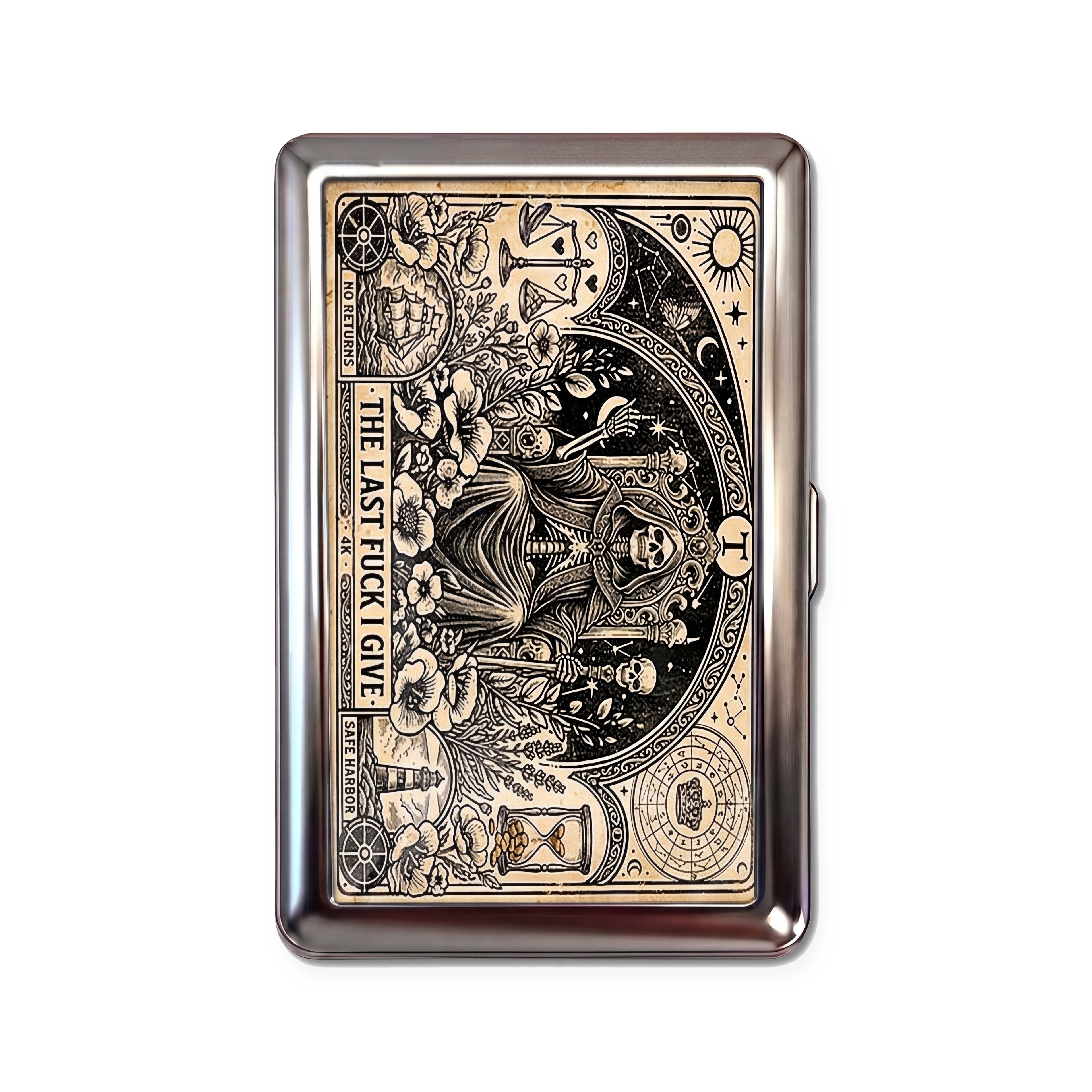 Reaper's Throne tin cardholder wallet with ornate reaper tarot card on aged parchment design
