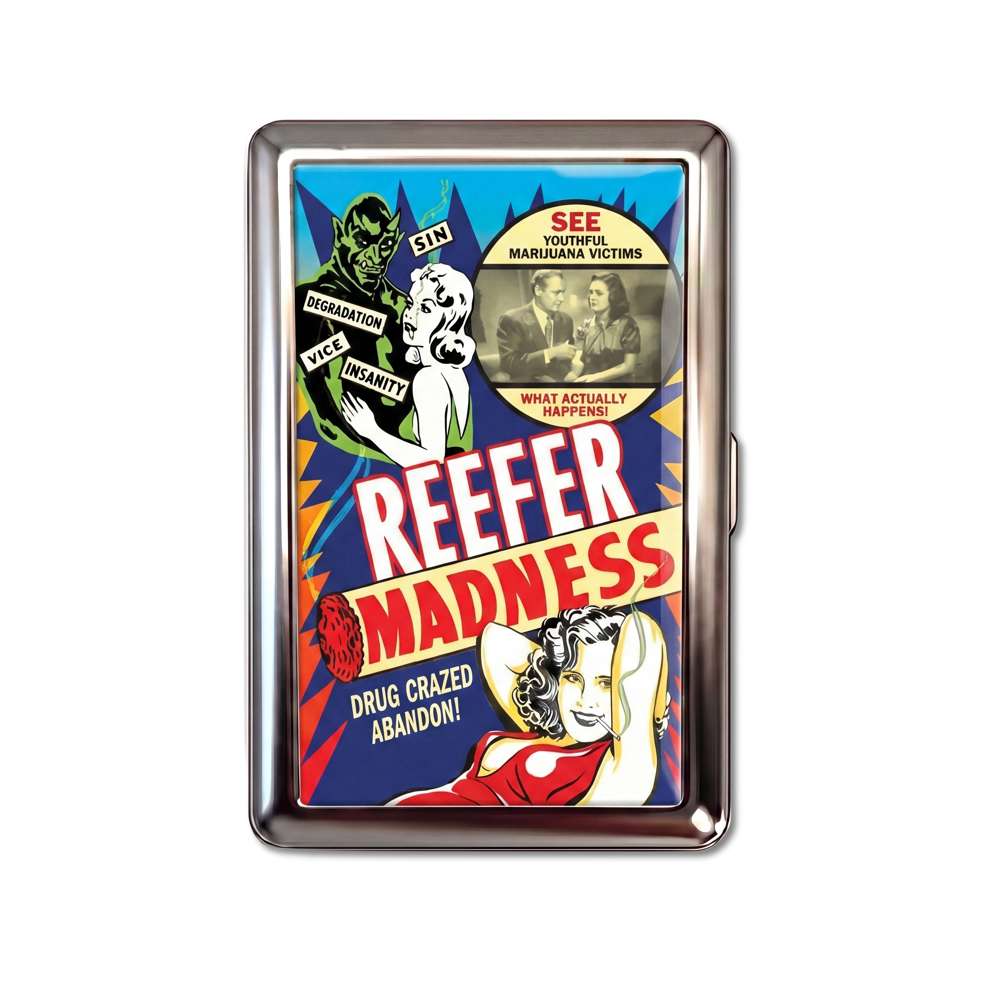Reefer Madness tin cardholder wallet featuring the vintage 1936 exploitation film poster