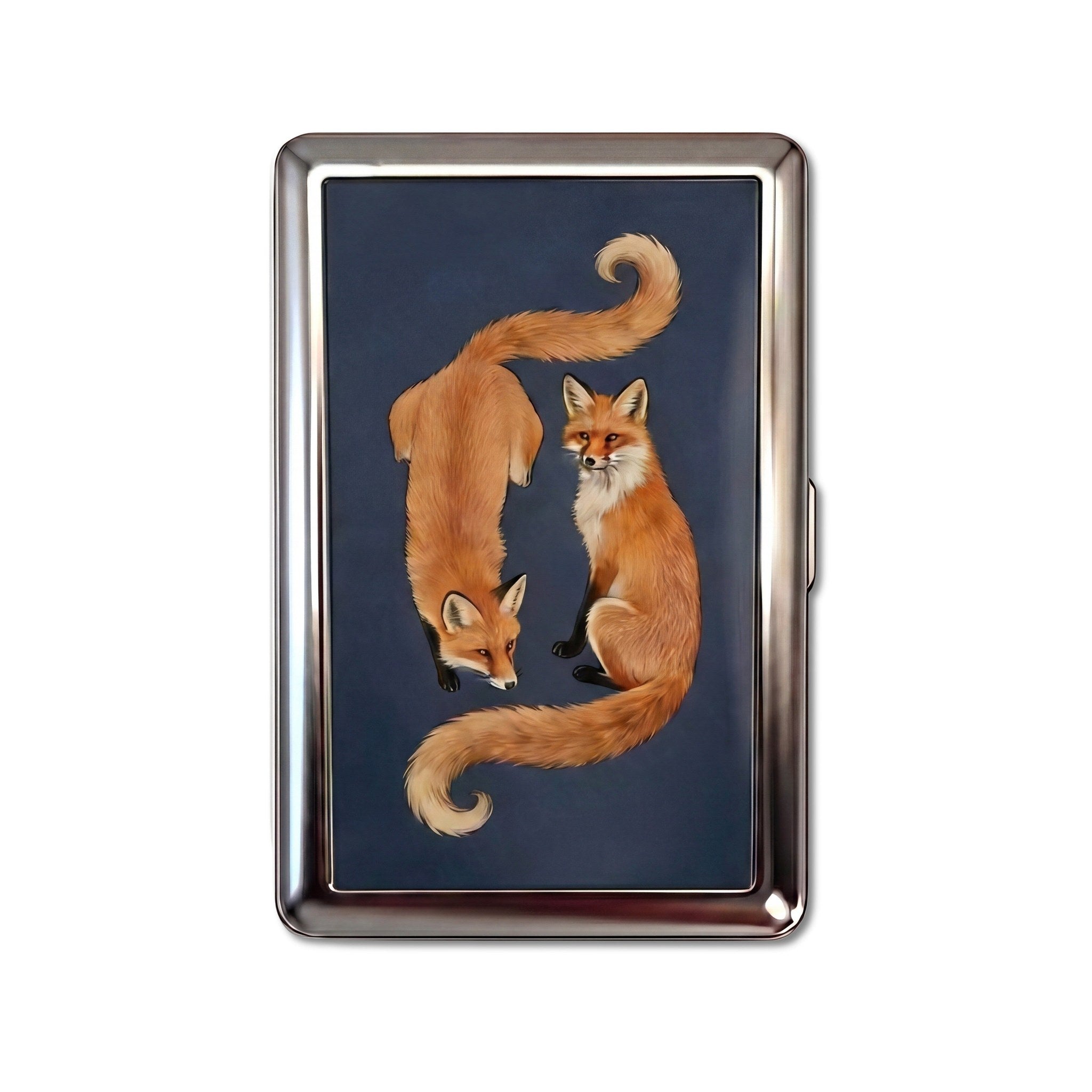 Sly Foxes tin cardholder wallet with two red foxes curled together on navy