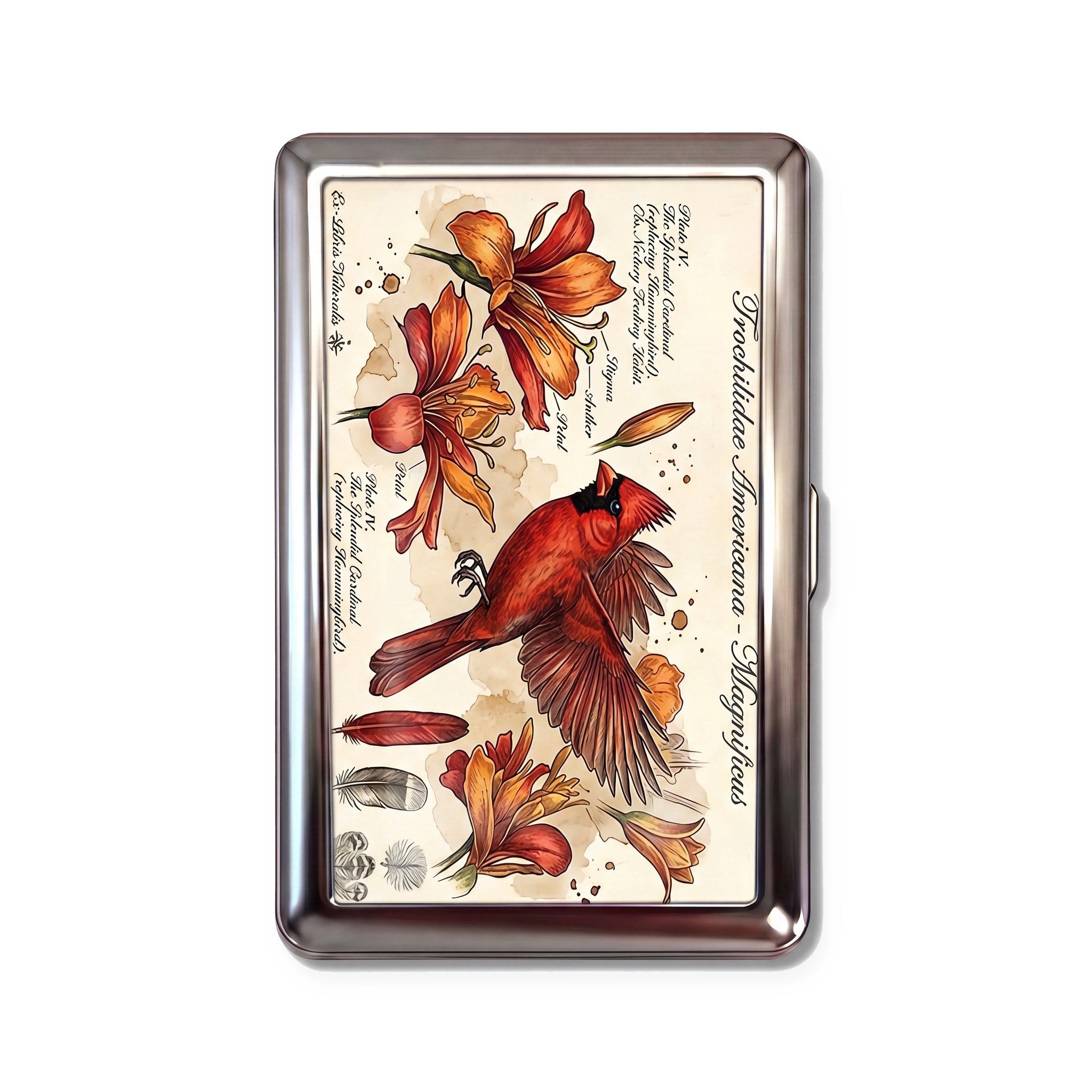 Splendid Cardinal tin cardholder wallet with vintage naturalist red cardinal and lily illustration
