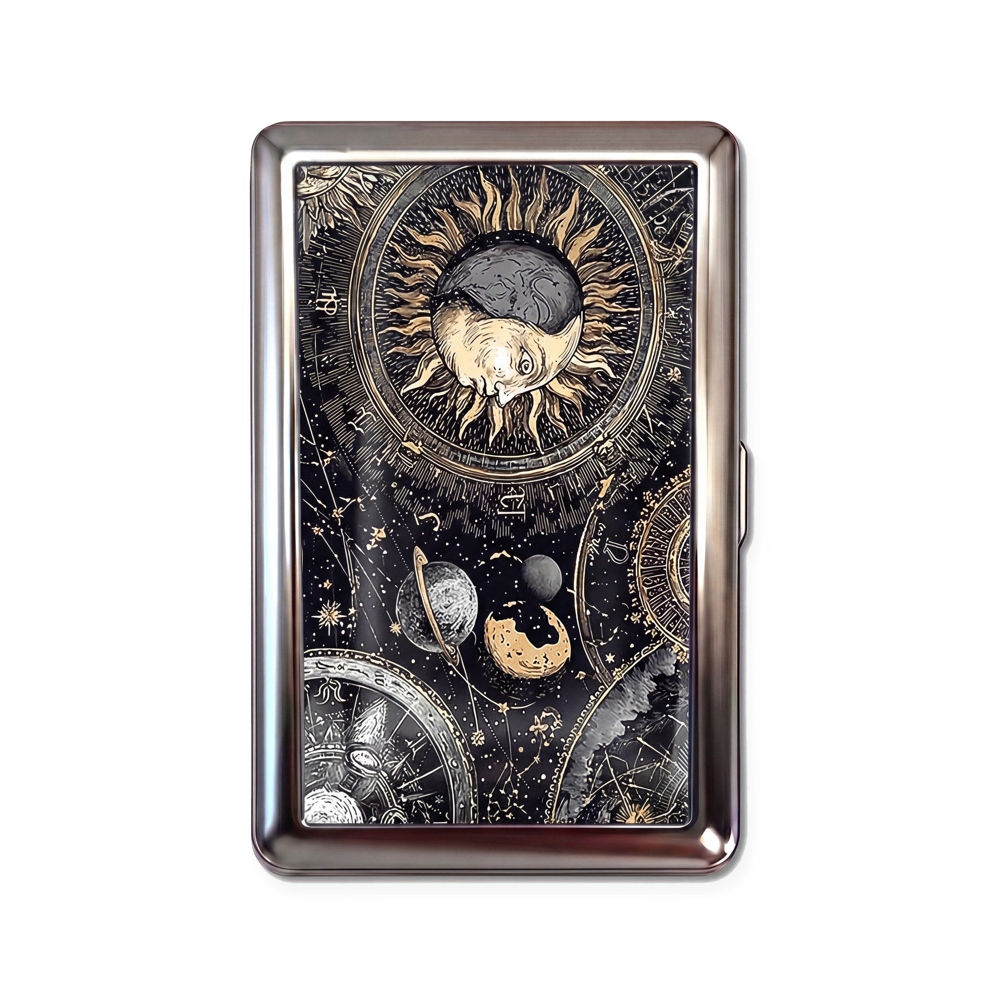 Stargazer tin cardholder wallet with black and gold celestial sun moon and planets engraving design
