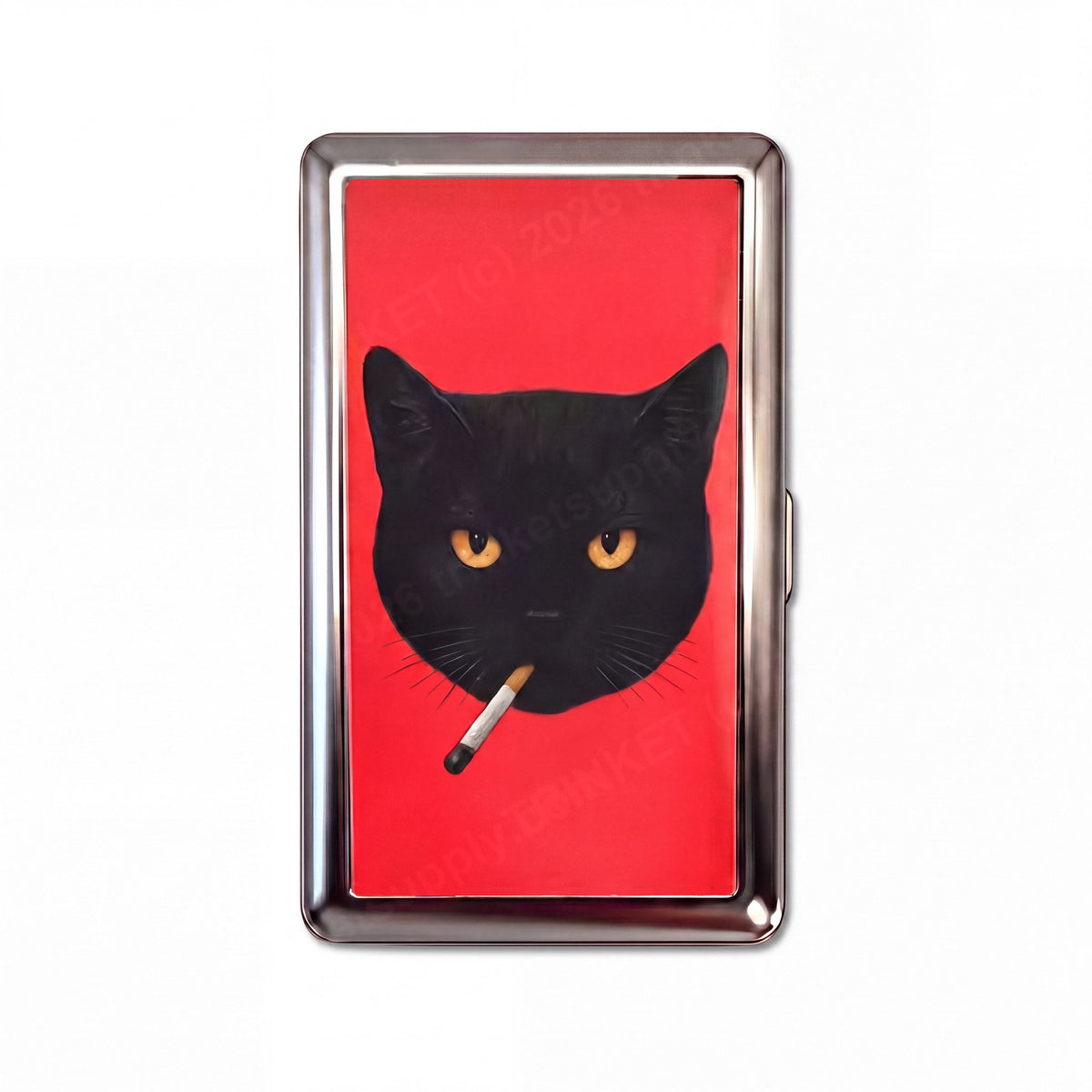 Bad Habit tin cardholder wallet, standard size, black cat holding a cigarette on red background #Size_Standard