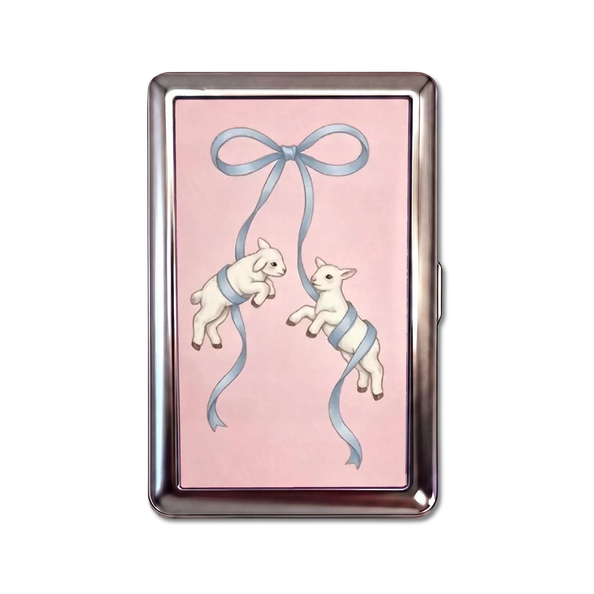 Ribbon Lambs tin cardholder wallet, large size, lambs hanging from a powder-blue ribbon bow on dusty pink #Size_Large