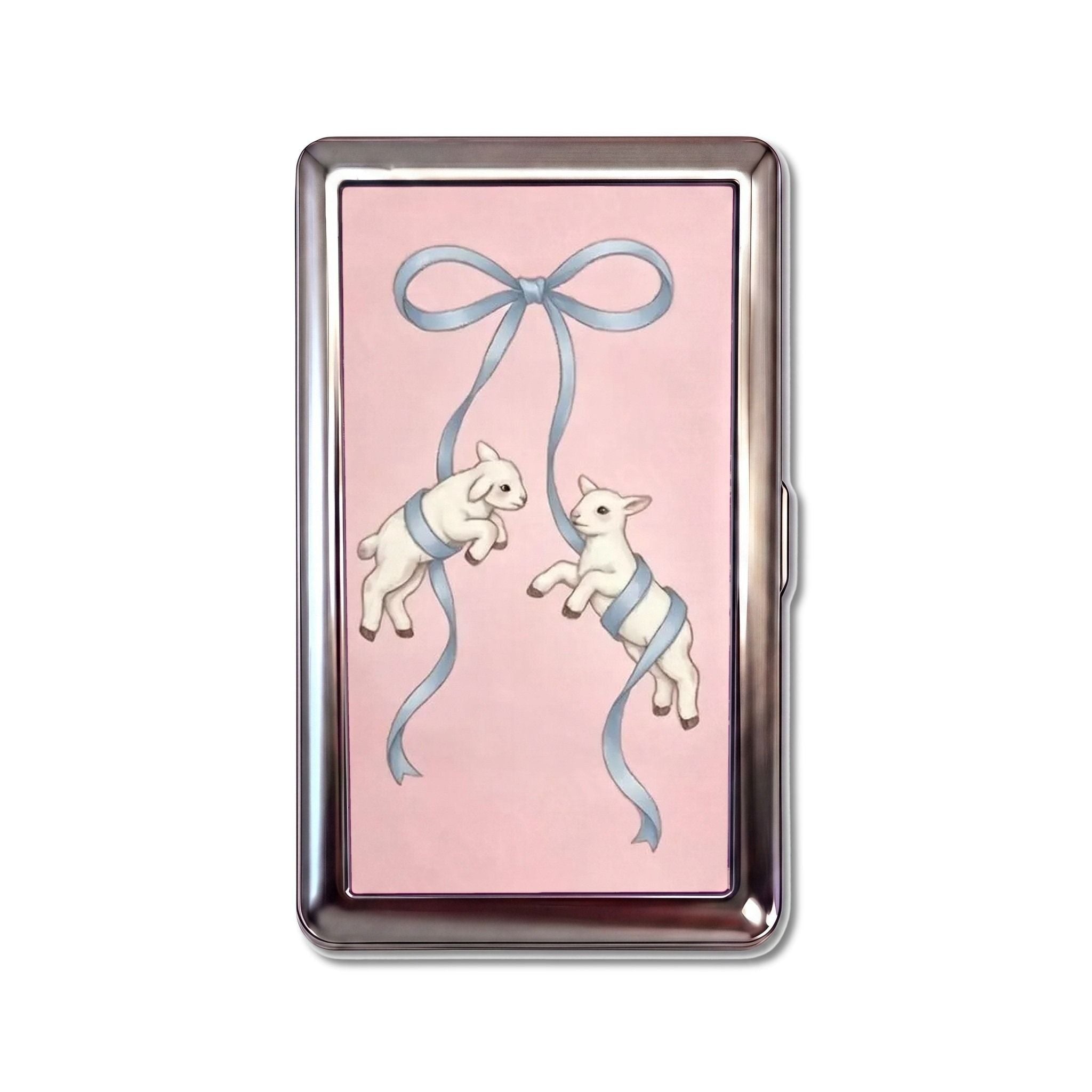 Ribbon Lambs tin cardholder wallet, standard size, lambs hanging from a powder-blue ribbon bow on dusty pink #Size_Standard