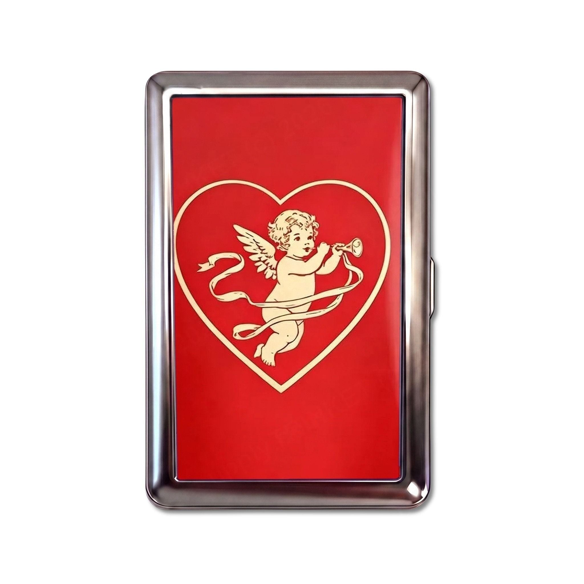 Sweet Nothings tin cardholder wallet, large size, cream cherub blowing a horn inside a heart outline on fire-engine red #Size_Large