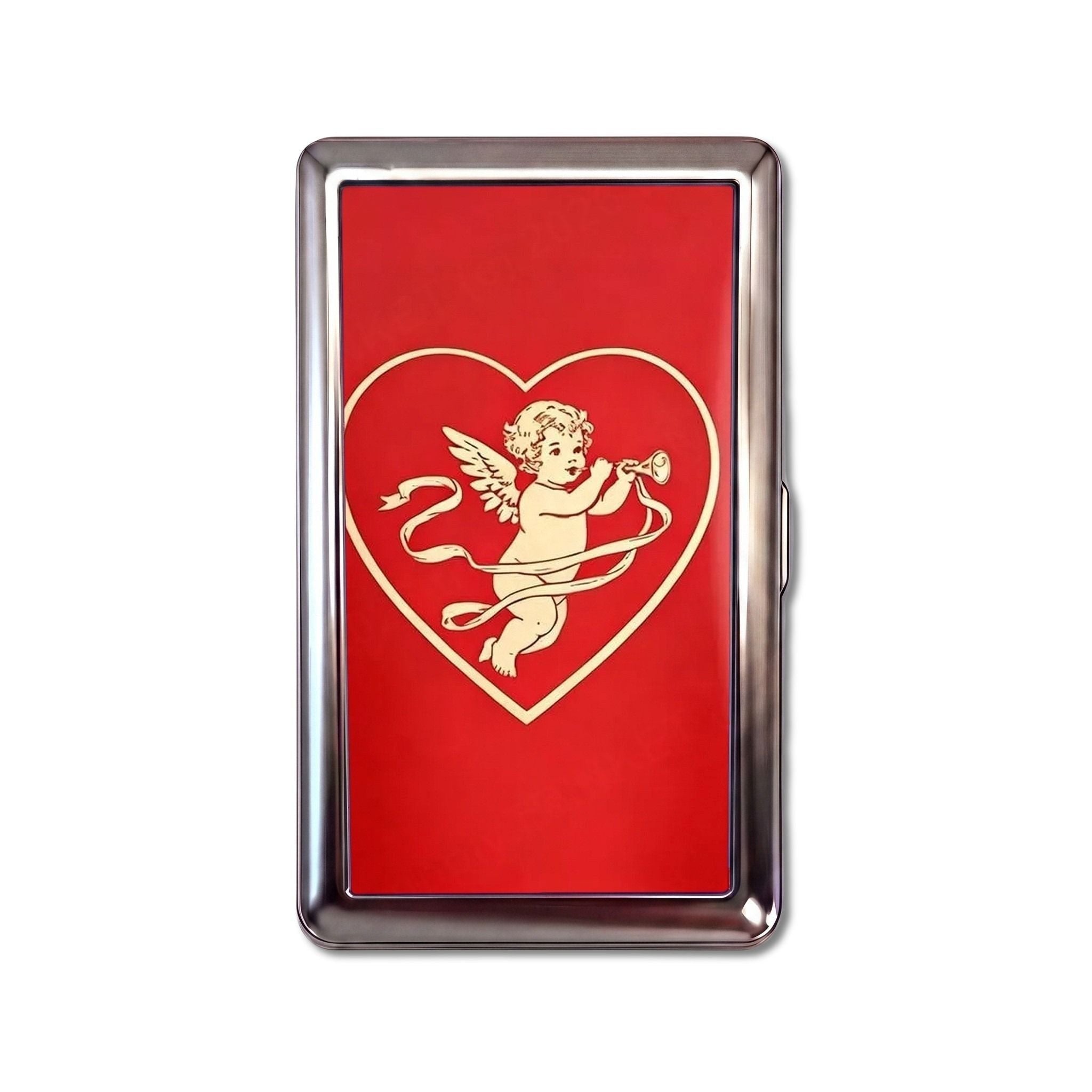 Sweet Nothings tin cardholder wallet, standard size, cream cherub blowing a horn inside a heart outline on fire-engine red #Size_Standard