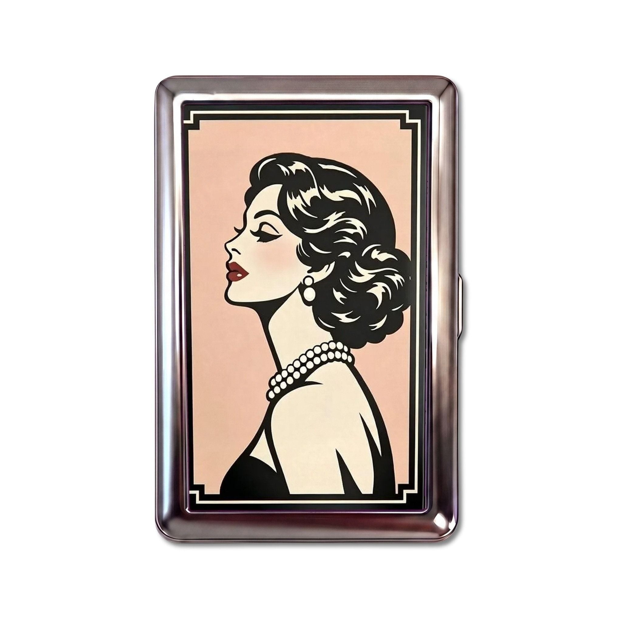 Café Society tin cardholder wallet, large size, Art Deco black-ink profile of a woman in pearls on peach #Size_Large