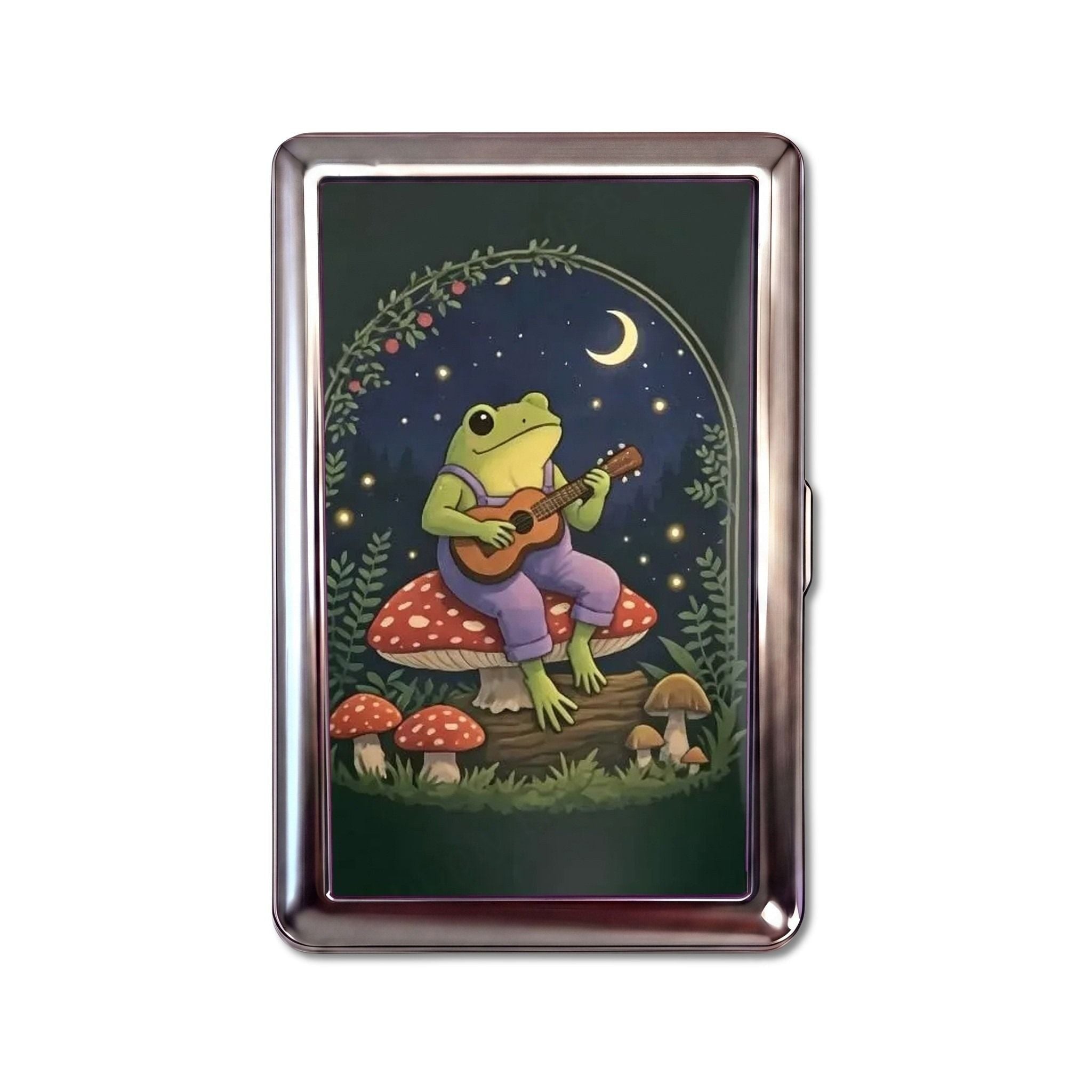 Toad Serenade tin cardholder wallet, large size, frog in overalls playing guitar on a toadstool under a crescent moon #Size_Large