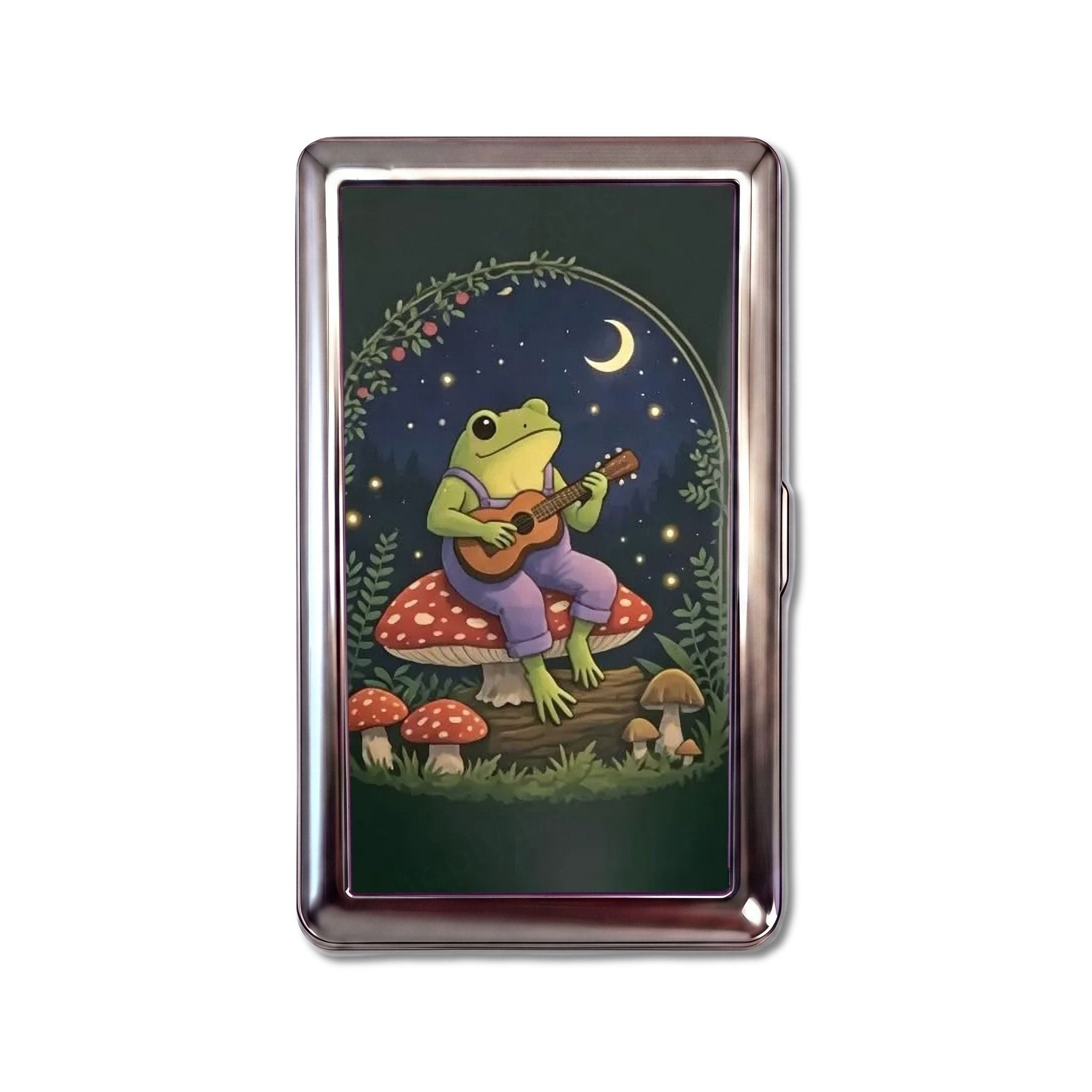 Toad Serenade tin cardholder wallet, standard size, frog in overalls playing guitar on a toadstool under a crescent moon #Size_Standard