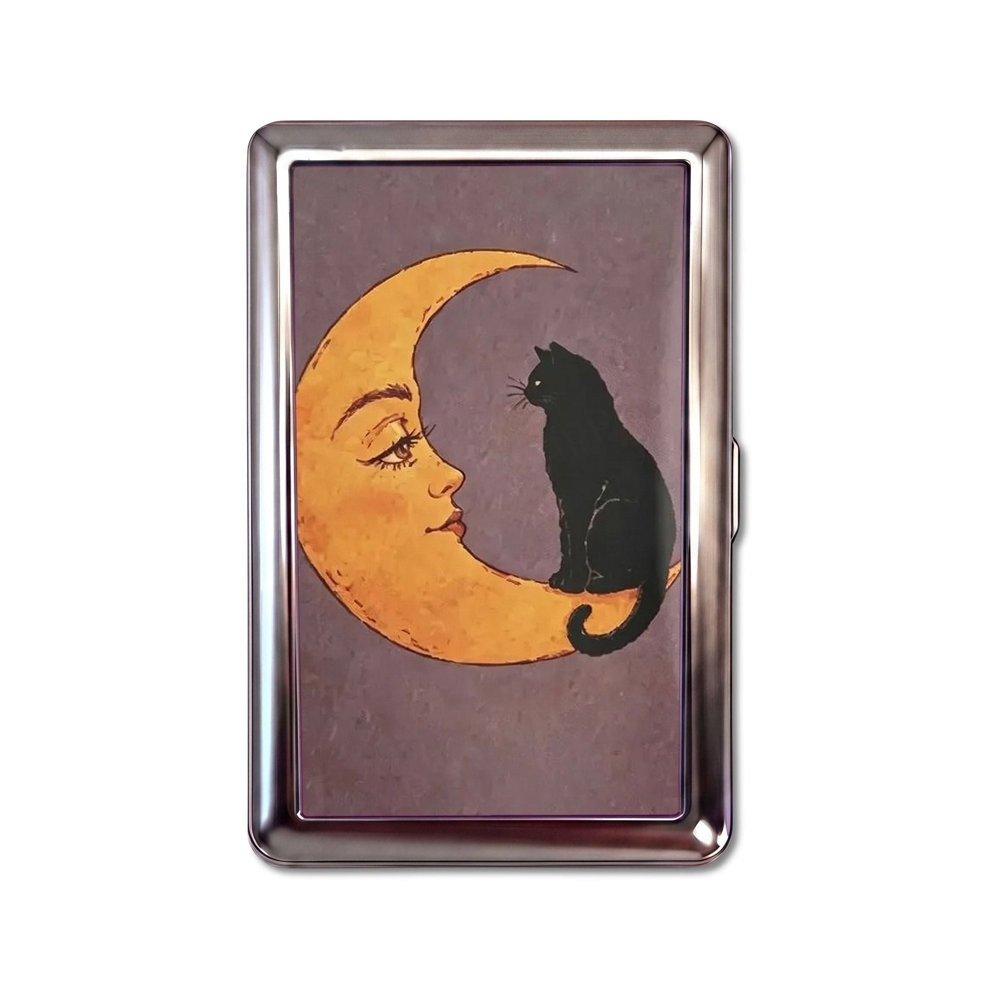 Moon’s Company tin cardholder wallet, large size, black cat sitting on a vintage crescent moon face on dusty mauve #Size_Large