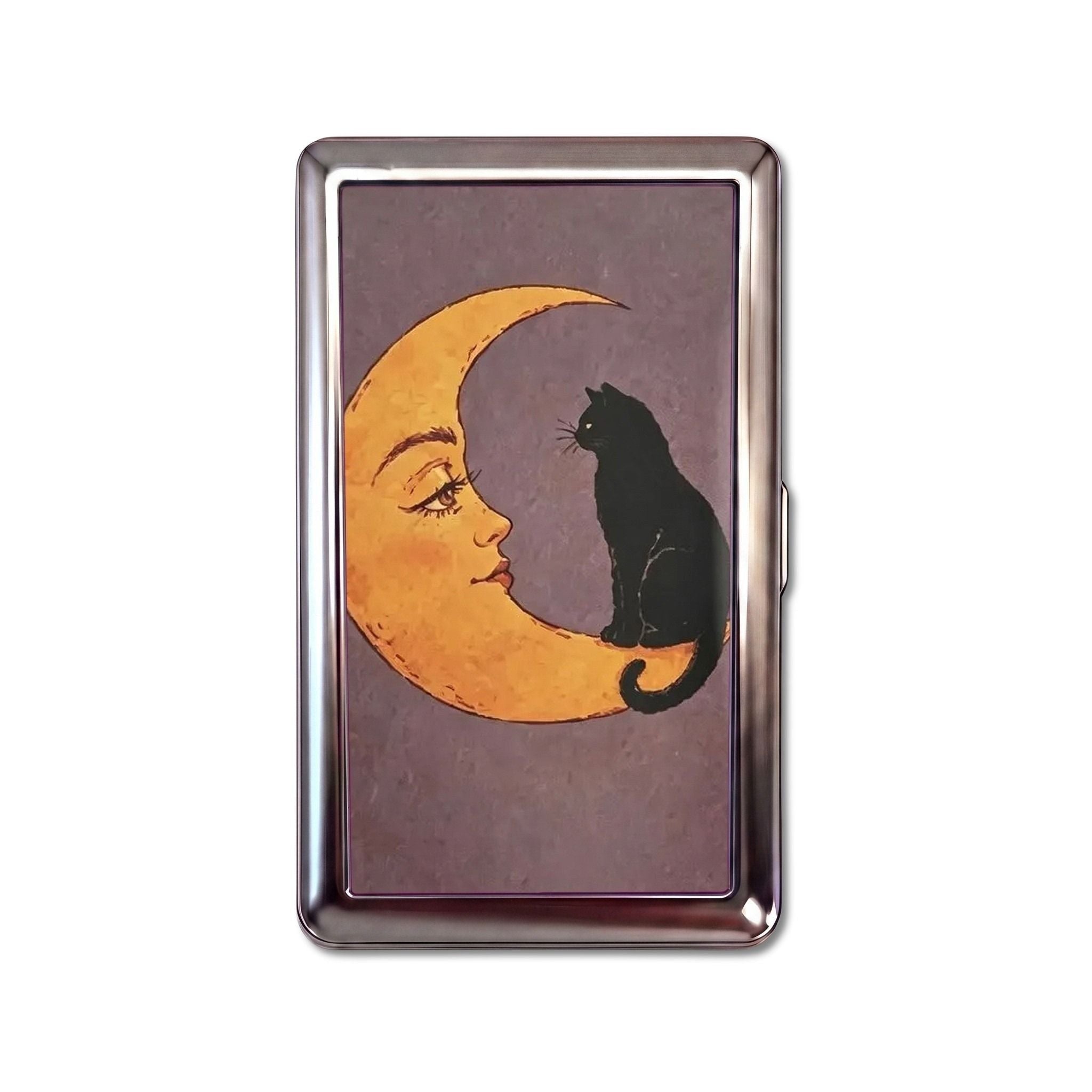 Moon’s Company tin cardholder wallet, standard size, black cat sitting on a vintage crescent moon face on dusty mauve #Size_Standard