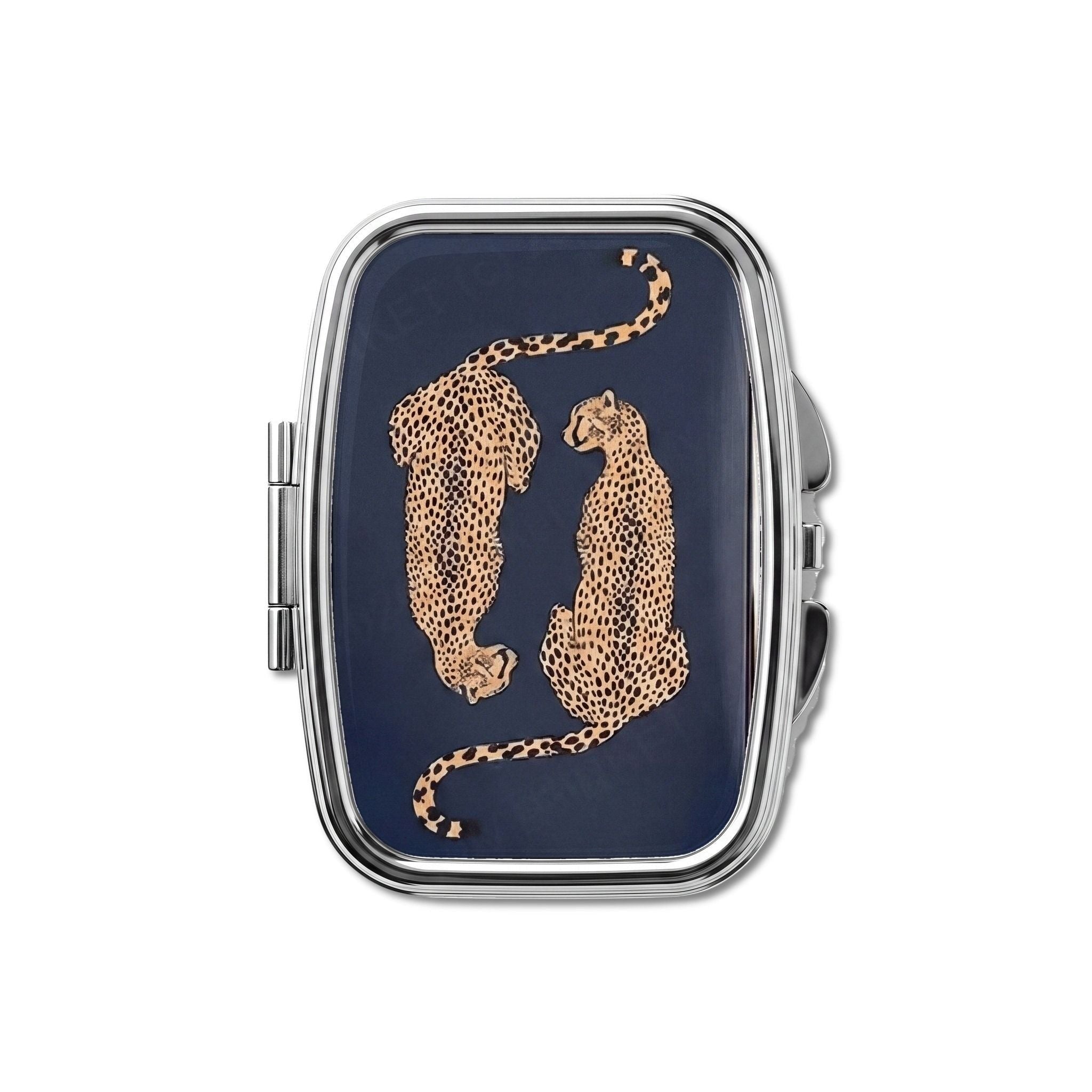 Leopard Lovers pill box, two spotted leopards on midnight navy
