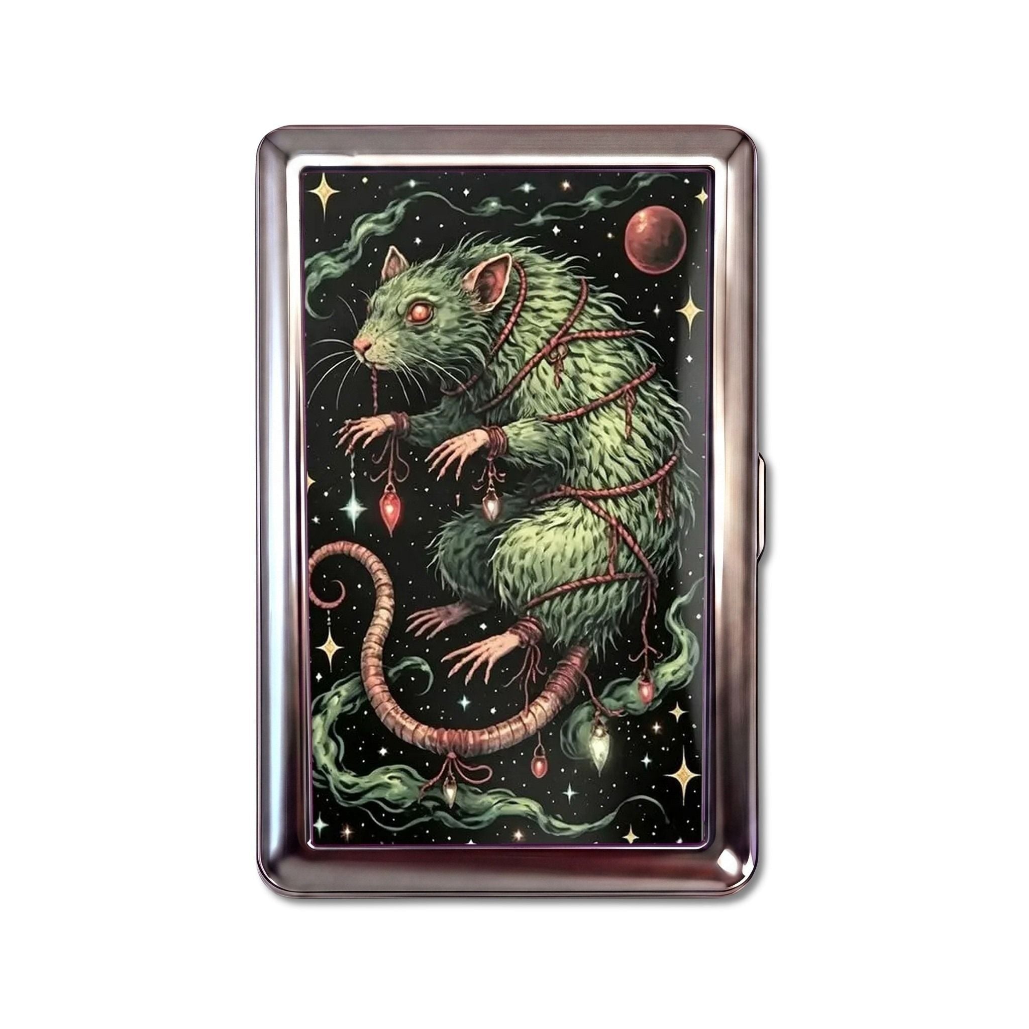 Astral Rat tin cardholder wallet, large size, jewelled green rat among stars with a red planet #Size_Large