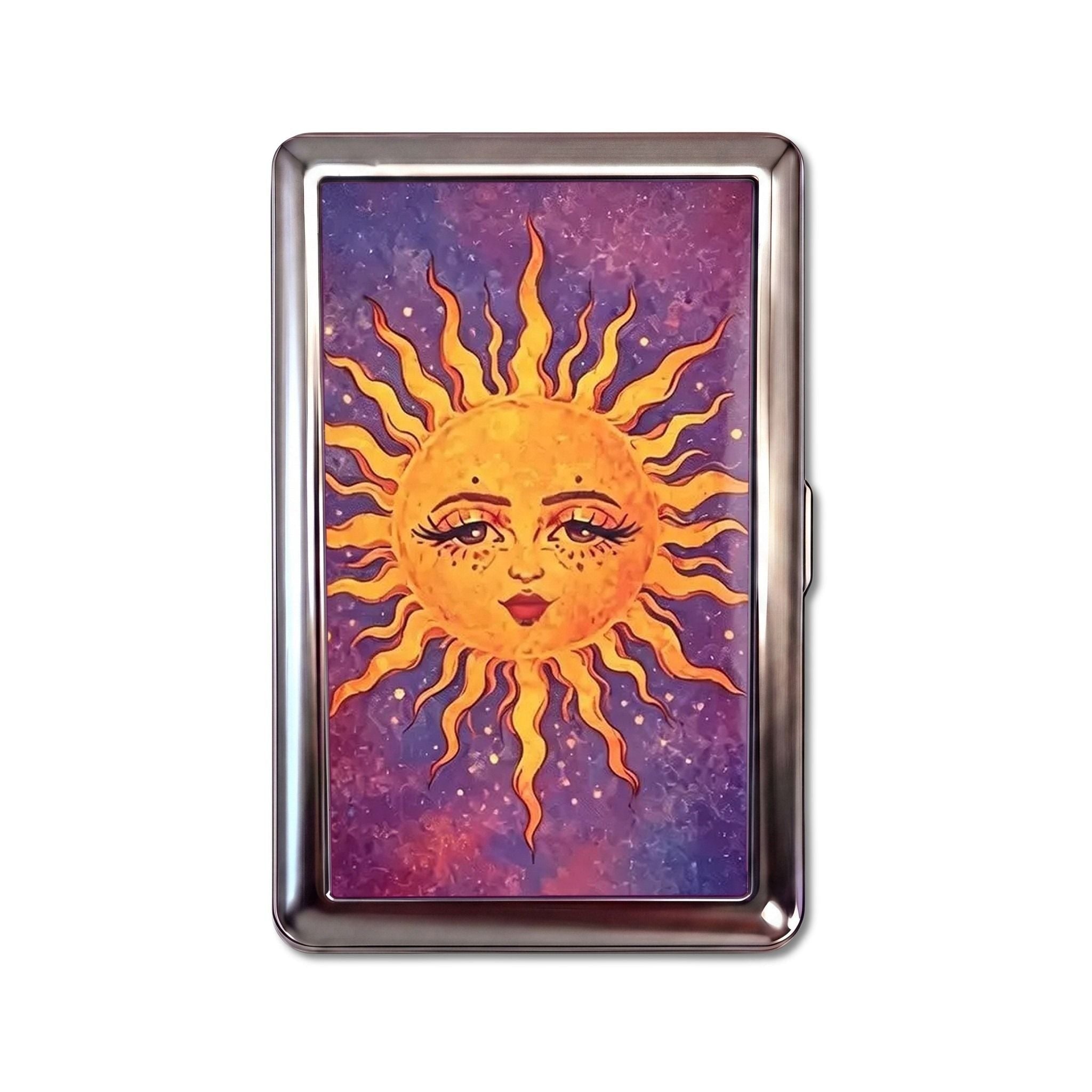 Midnight Sun tin cardholder wallet, large size, painted sun face with wavy rays on a purple and magenta galaxy #Size_Large