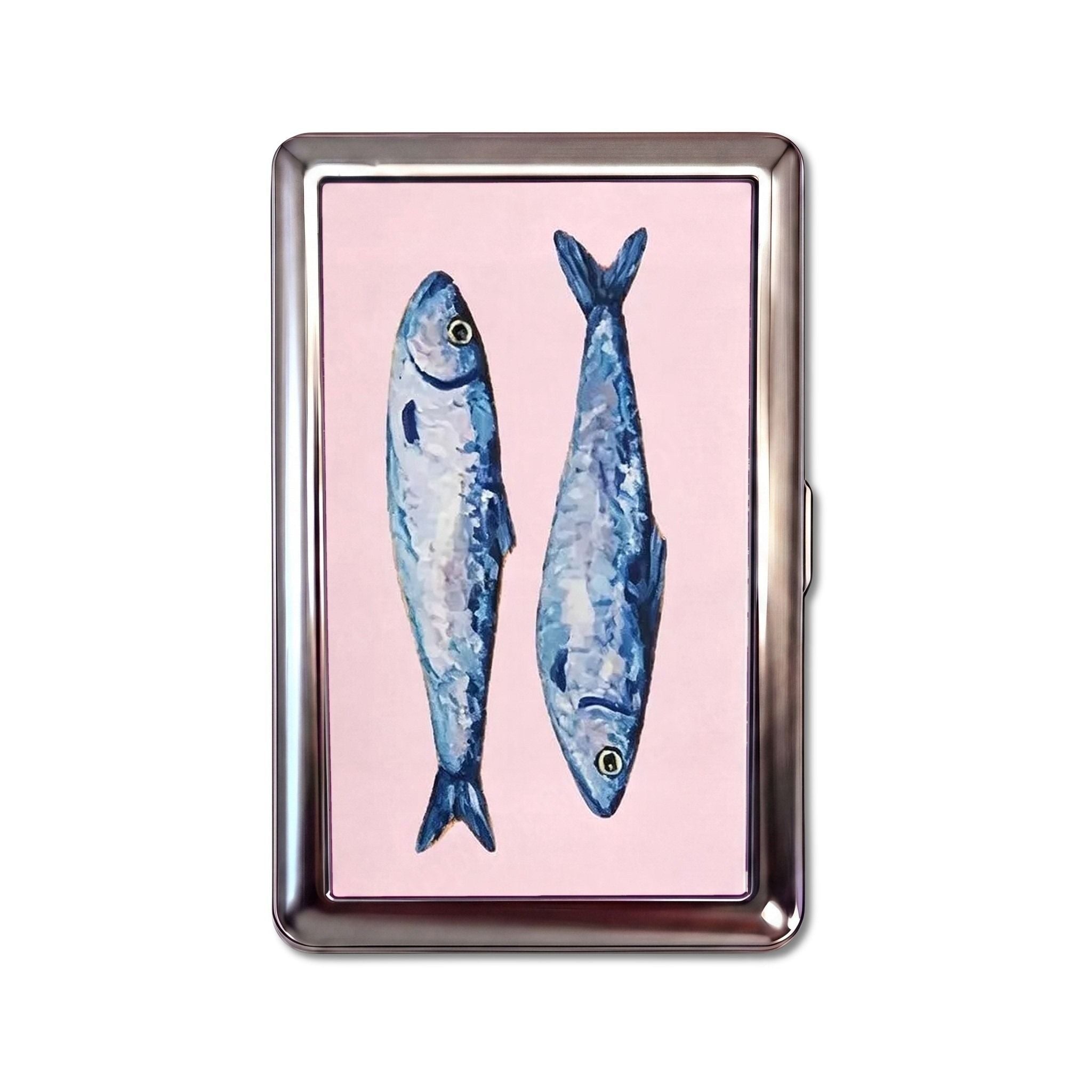 Tinned tin cardholder wallet, large size, two painted blue sardines head to tail on soft pink #Size_Large