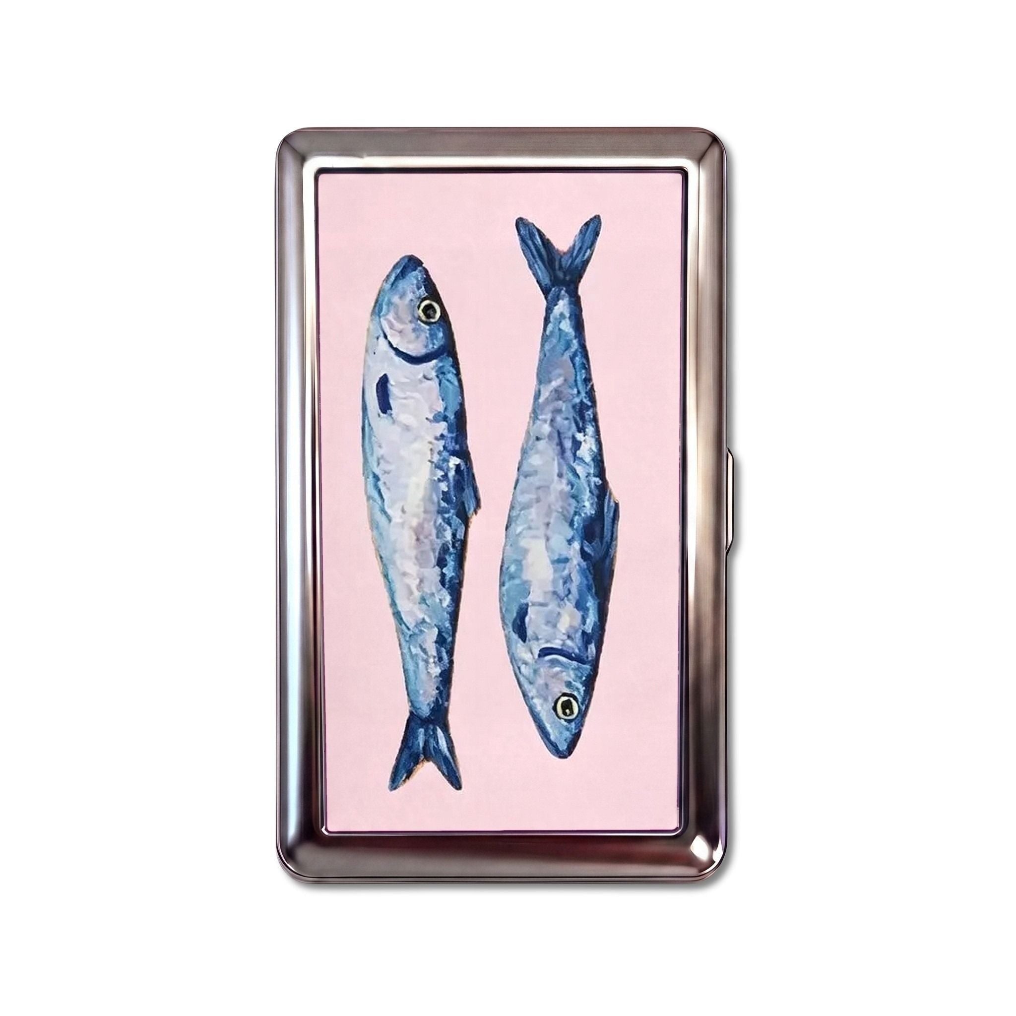 Tinned tin cardholder wallet, standard size, two painted blue sardines head to tail on soft pink #Size_Standard
