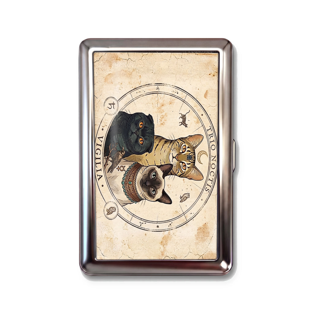 Trio Noctis tin cardholder wallet with three vintage occult cats on antique astrological chart design