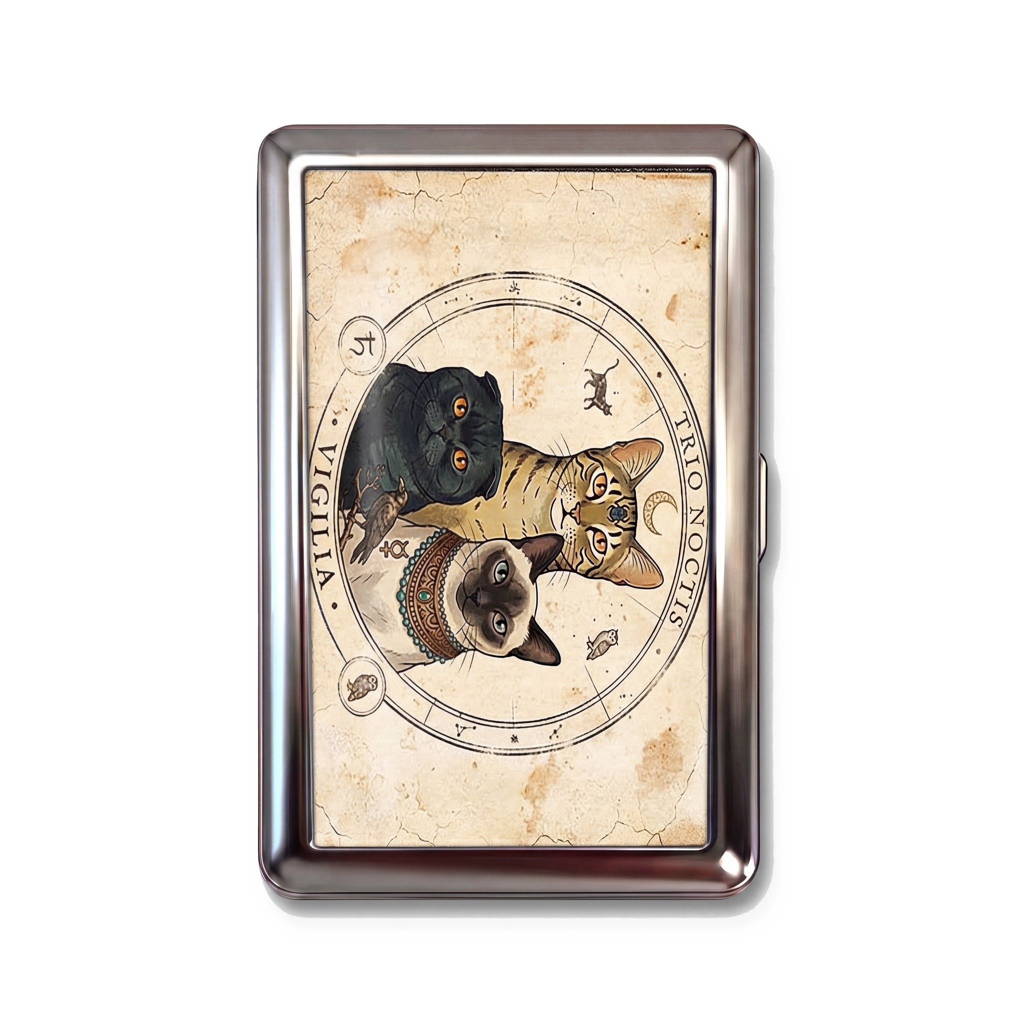 Trio Noctis tin cardholder wallet with three vintage occult cats on antique astrological chart design
