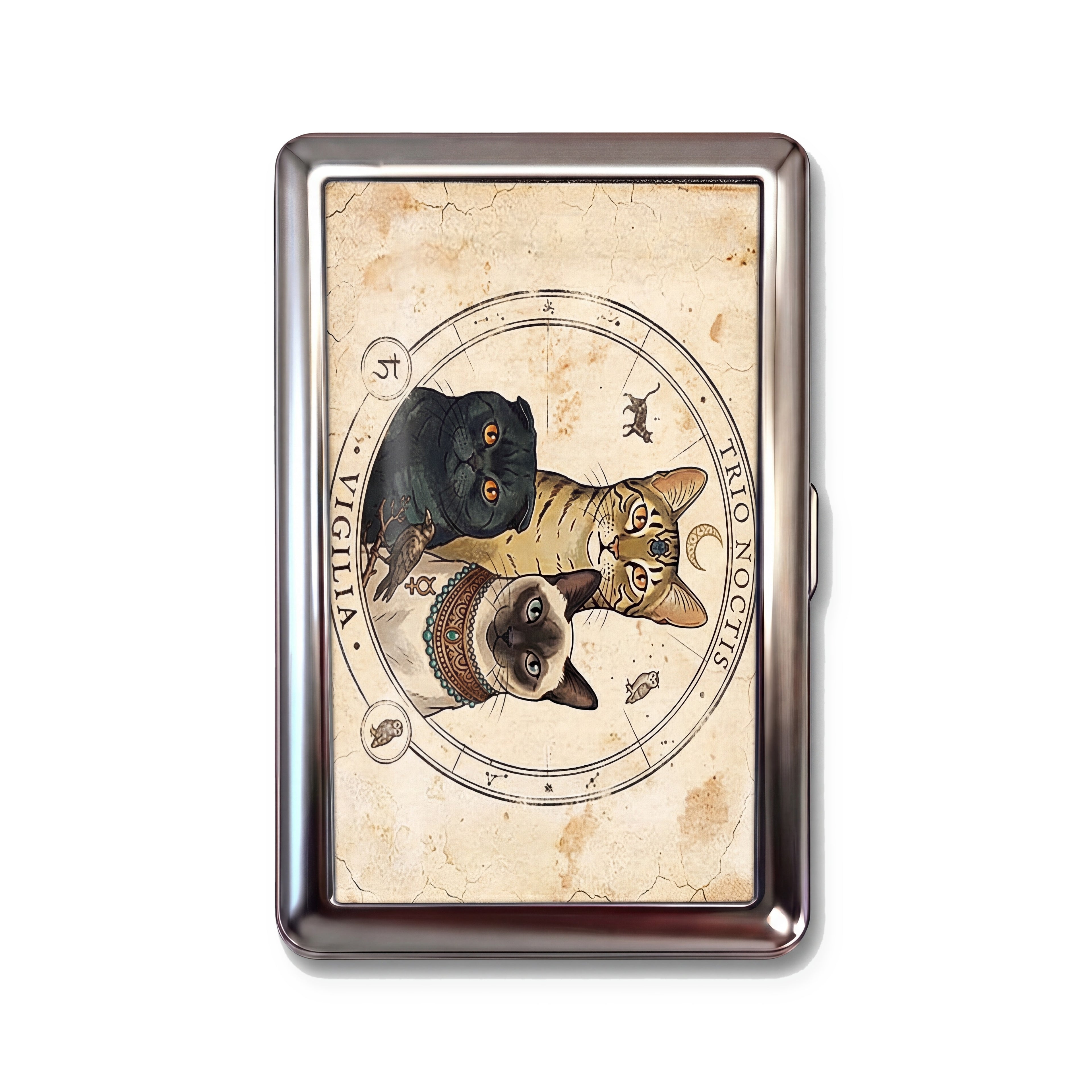 Trio Noctis tin cardholder wallet with three vintage occult cats on antique astrological chart design