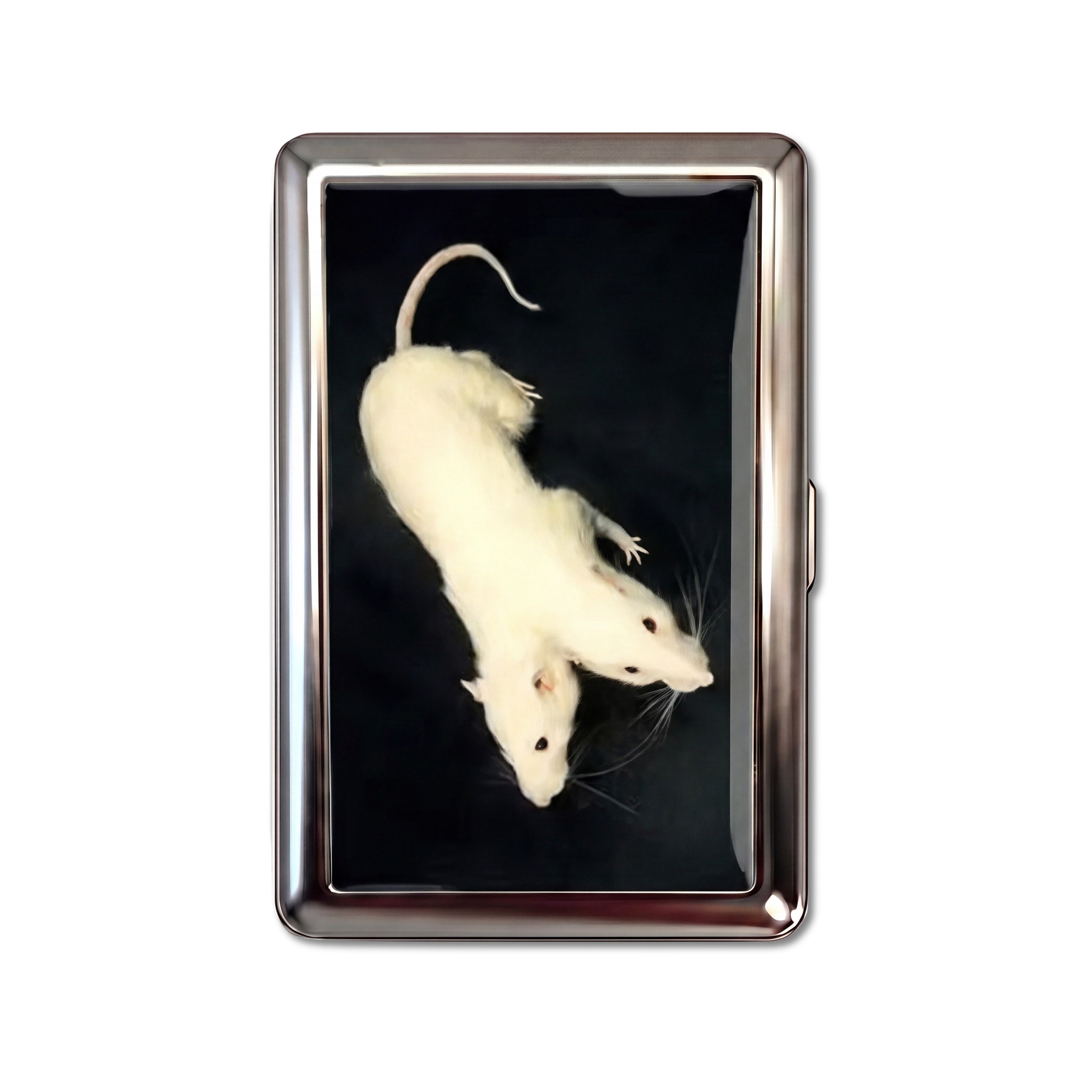 Twin Rats tin cardholder wallet with two white rats on black background